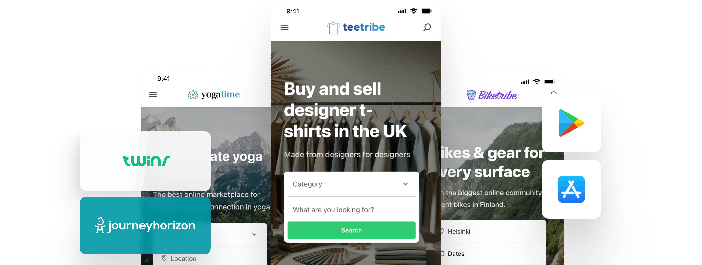 Example screenshots of Sharetribe mobile apps, overlaid with the logos of Twinr and Journeyhorizon and icons for Apple and Google Play Stores.