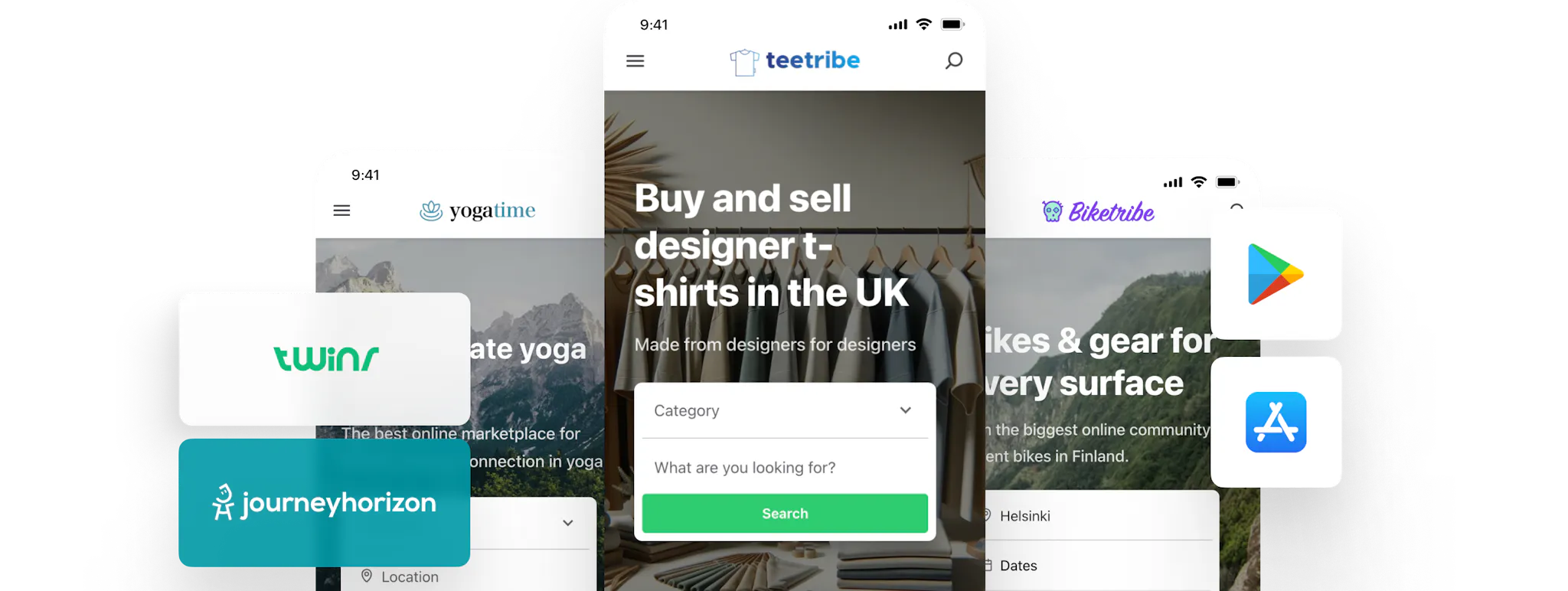 Example screenshots of Sharetribe mobile apps, overlaid with the logos of Twinr and Journeyhorizon and icons for Apple and Google Play Stores.