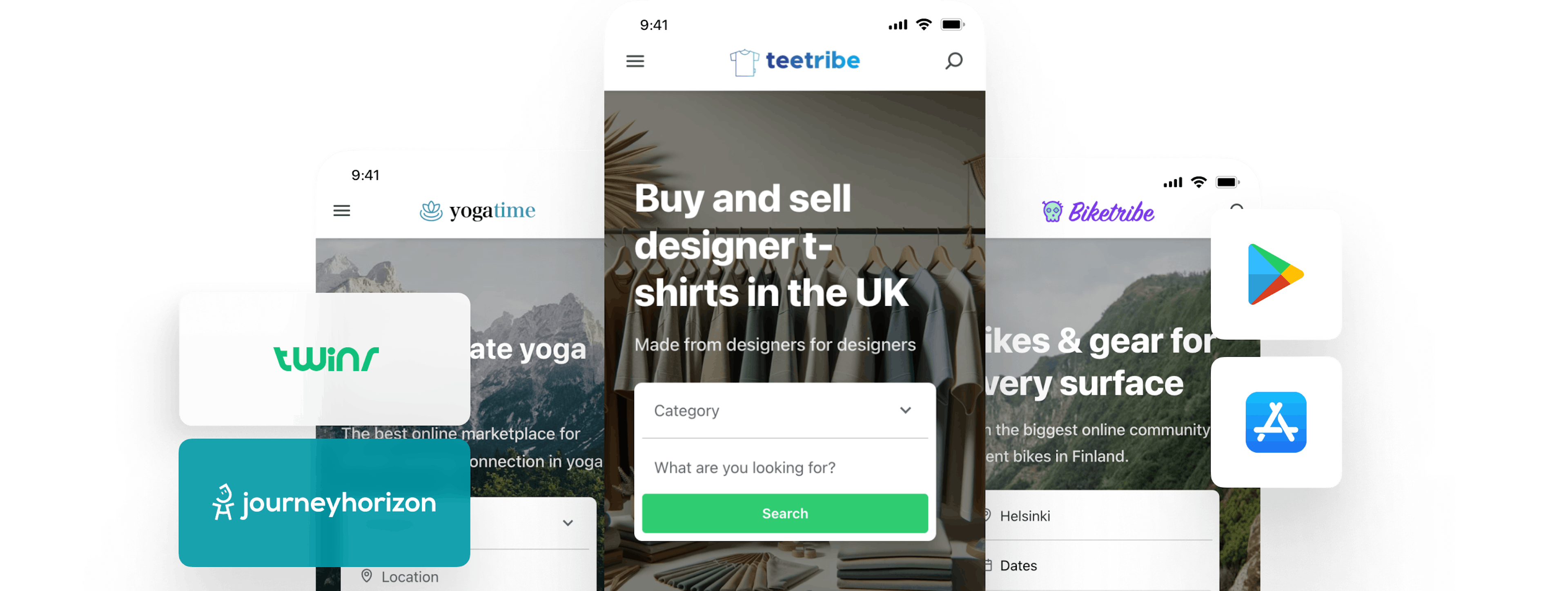 Example screenshots of Sharetribe mobile apps, overlaid with the logos of Twinr and Journeyhorizon and icons for Apple and Google Play Stores.
