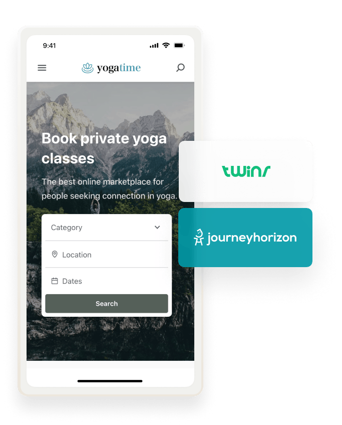 An example Sharetribe marketplace Yogatime on mobile, overlaid with Twinr and Journeyhorizon logos: the easiest ways to turn a Sharetribe marketplace into a mobile app.