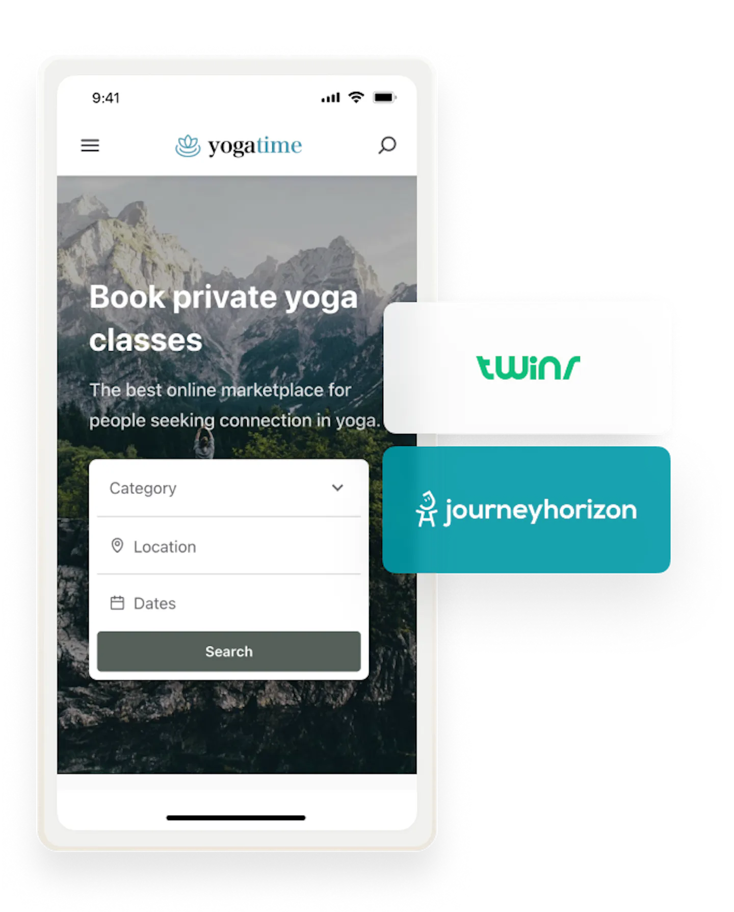 An example Sharetribe marketplace Yogatime on mobile, overlaid with Twinr and Journeyhorizon logos: the easiest ways to turn a Sharetribe marketplace into a mobile app.