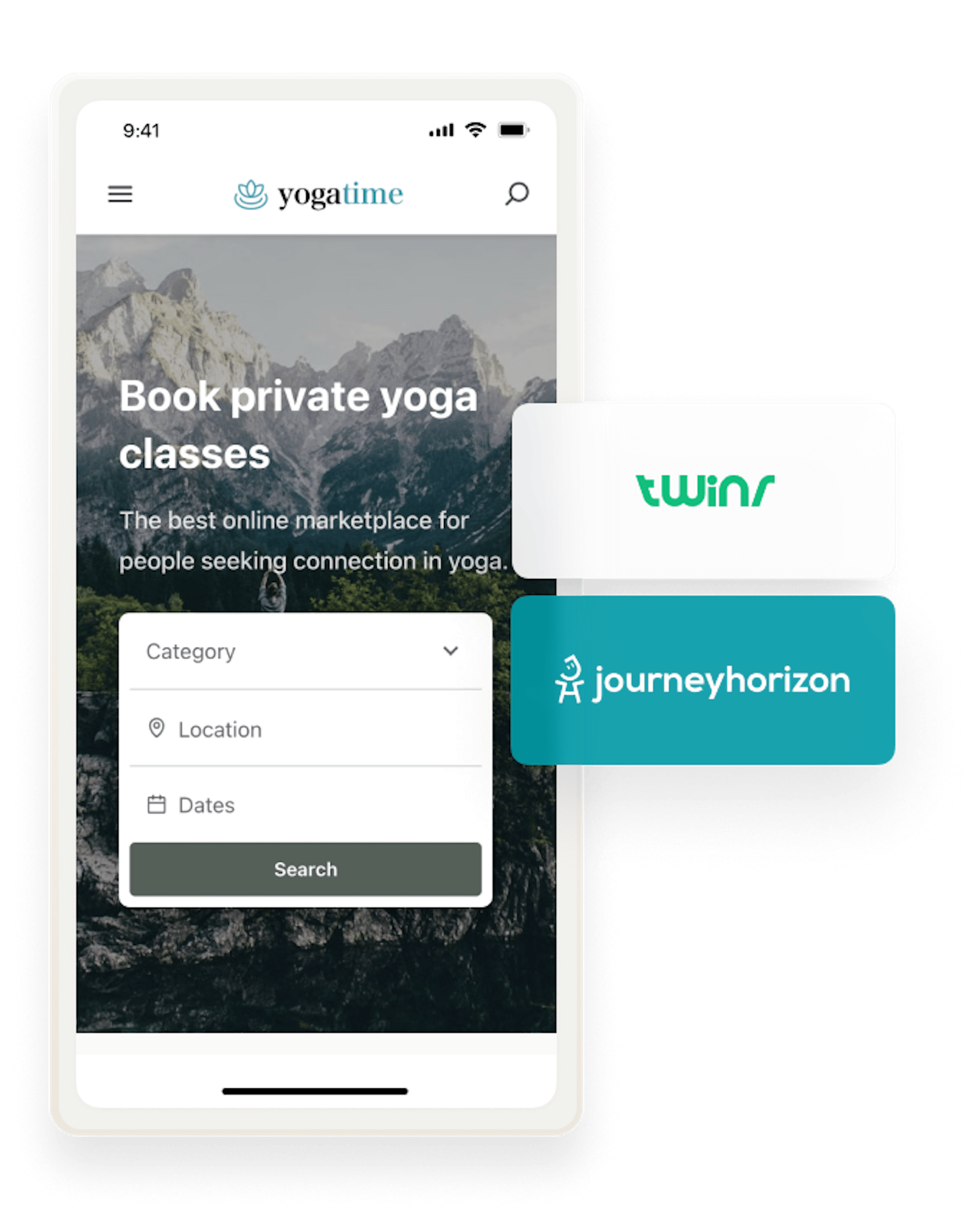 An example Sharetribe marketplace Yogatime on mobile, overlaid with Twinr and Journeyhorizon logos: the easiest ways to turn a Sharetribe marketplace into a mobile app.