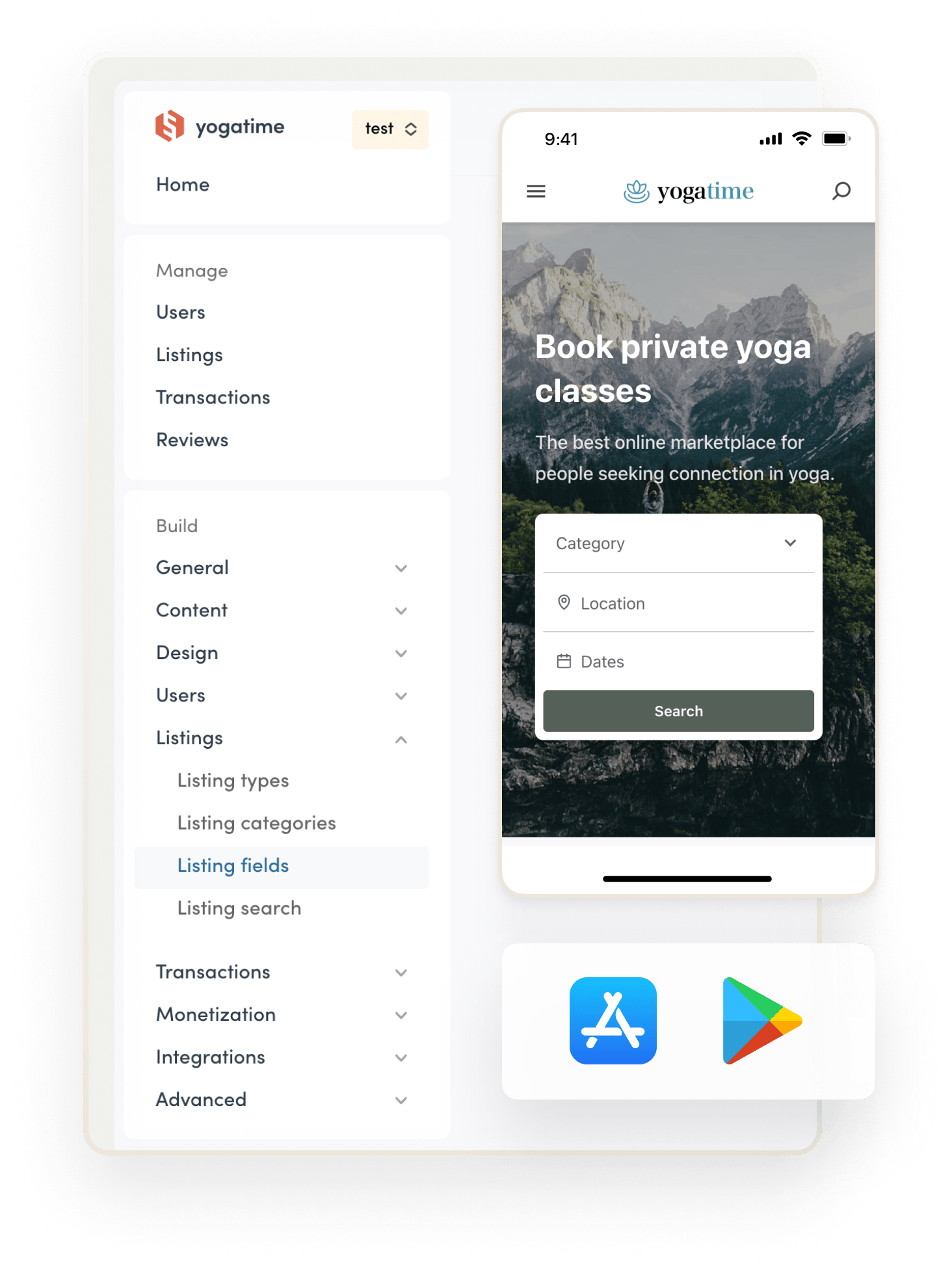 Sharetribe Console's sidebar navigation that includes management and setup tools. Overlaid is an example marketplace Teetribe on mobile and app store logos.