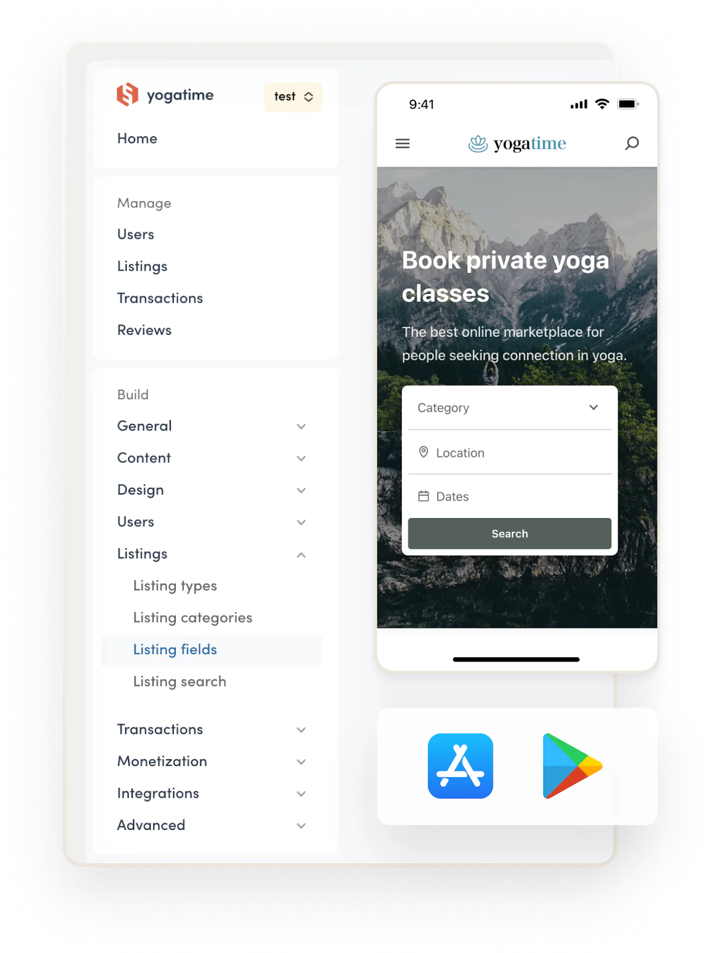 Sharetribe Console's sidebar navigation that includes management and setup tools. Overlaid is an example marketplace Teetribe on mobile and app store logos.