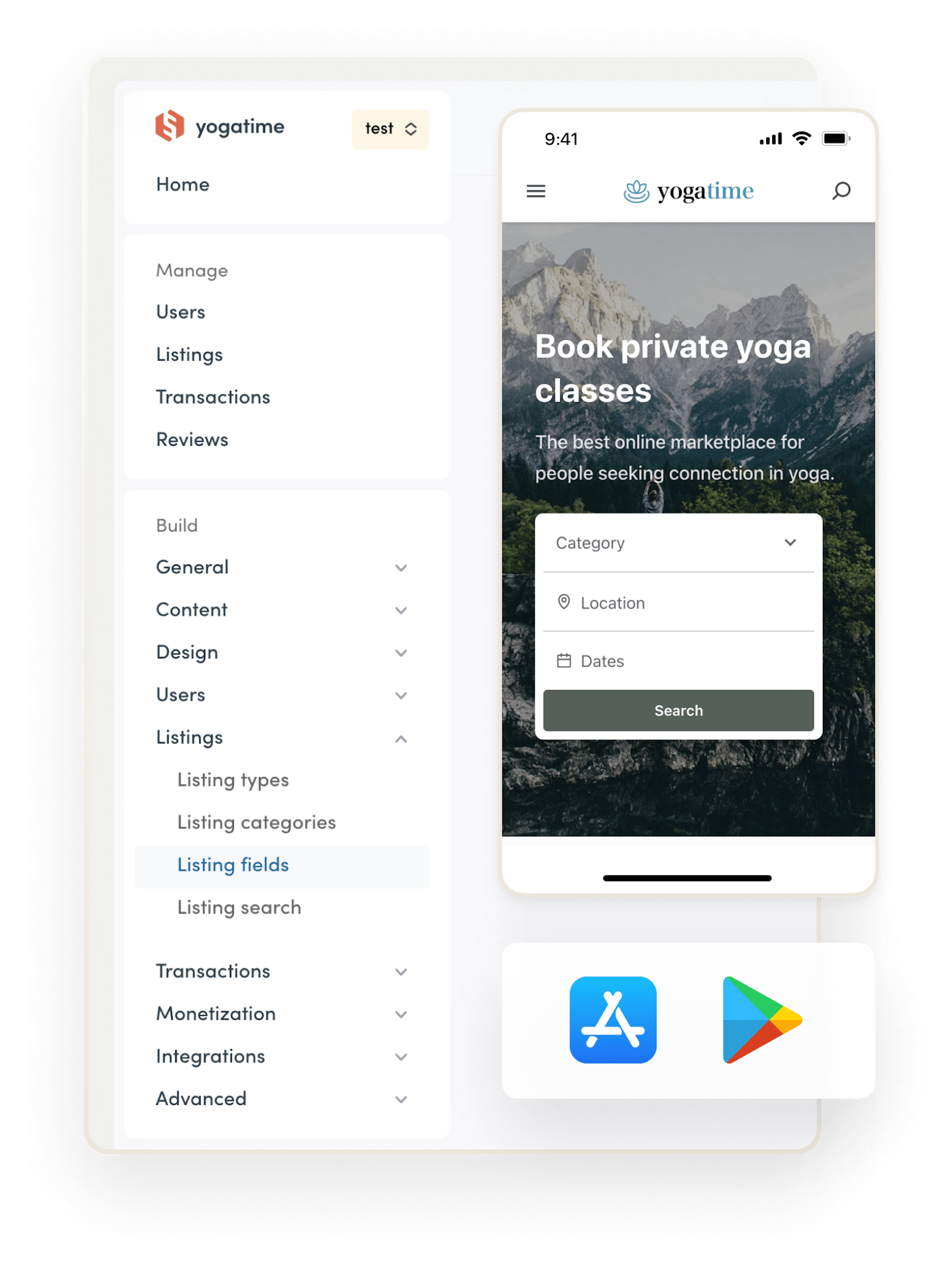 Sharetribe Console's sidebar navigation that includes management and setup tools. Overlaid is an example marketplace Teetribe on mobile and app store logos.