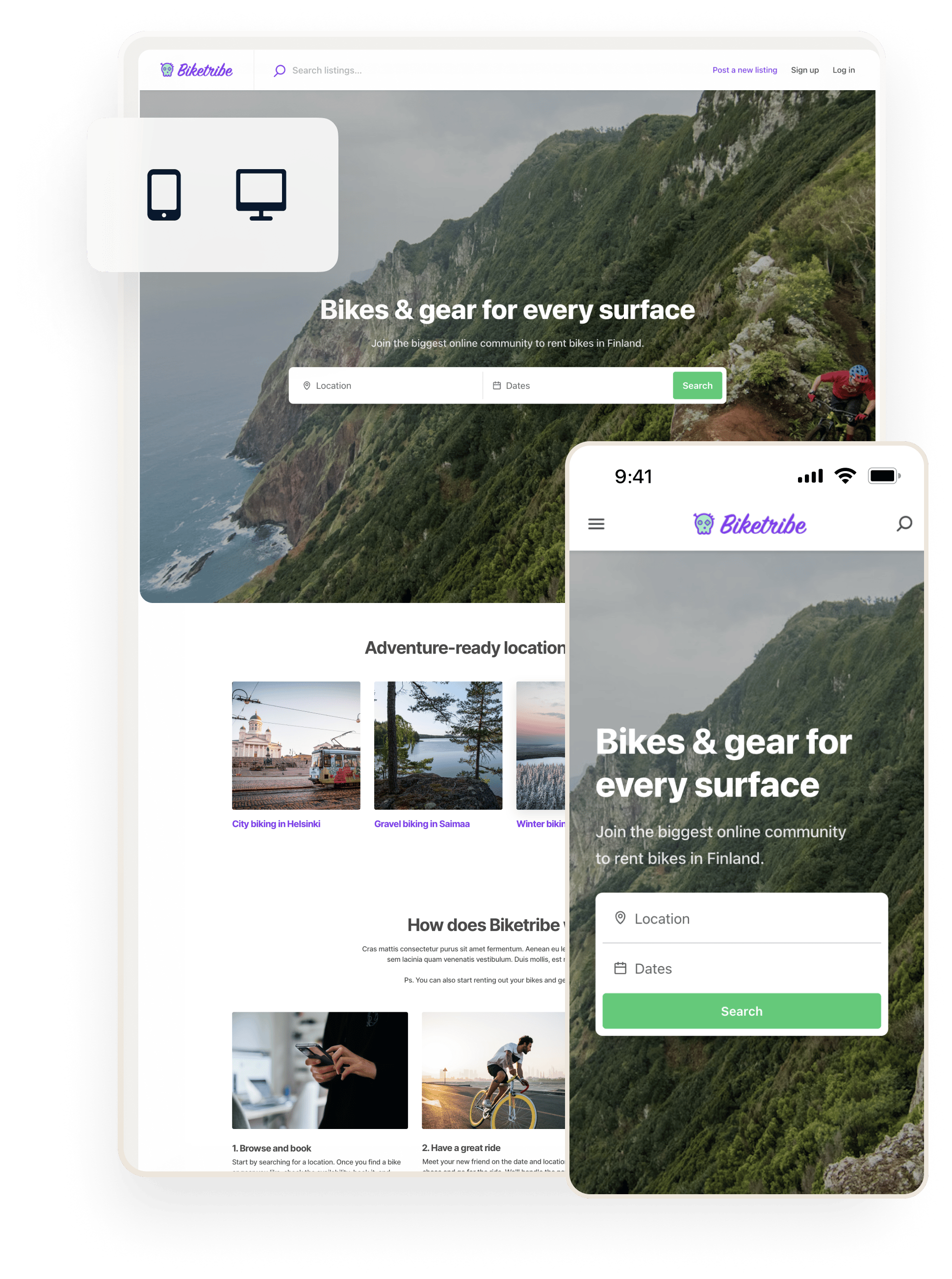 Sharetribe marketplace Biketribe's landing page on both desktop and mobile.