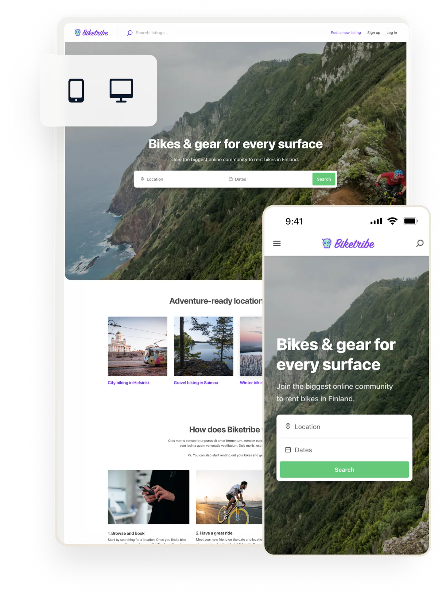 Sharetribe marketplace Biketribe's landing page on both desktop and mobile.