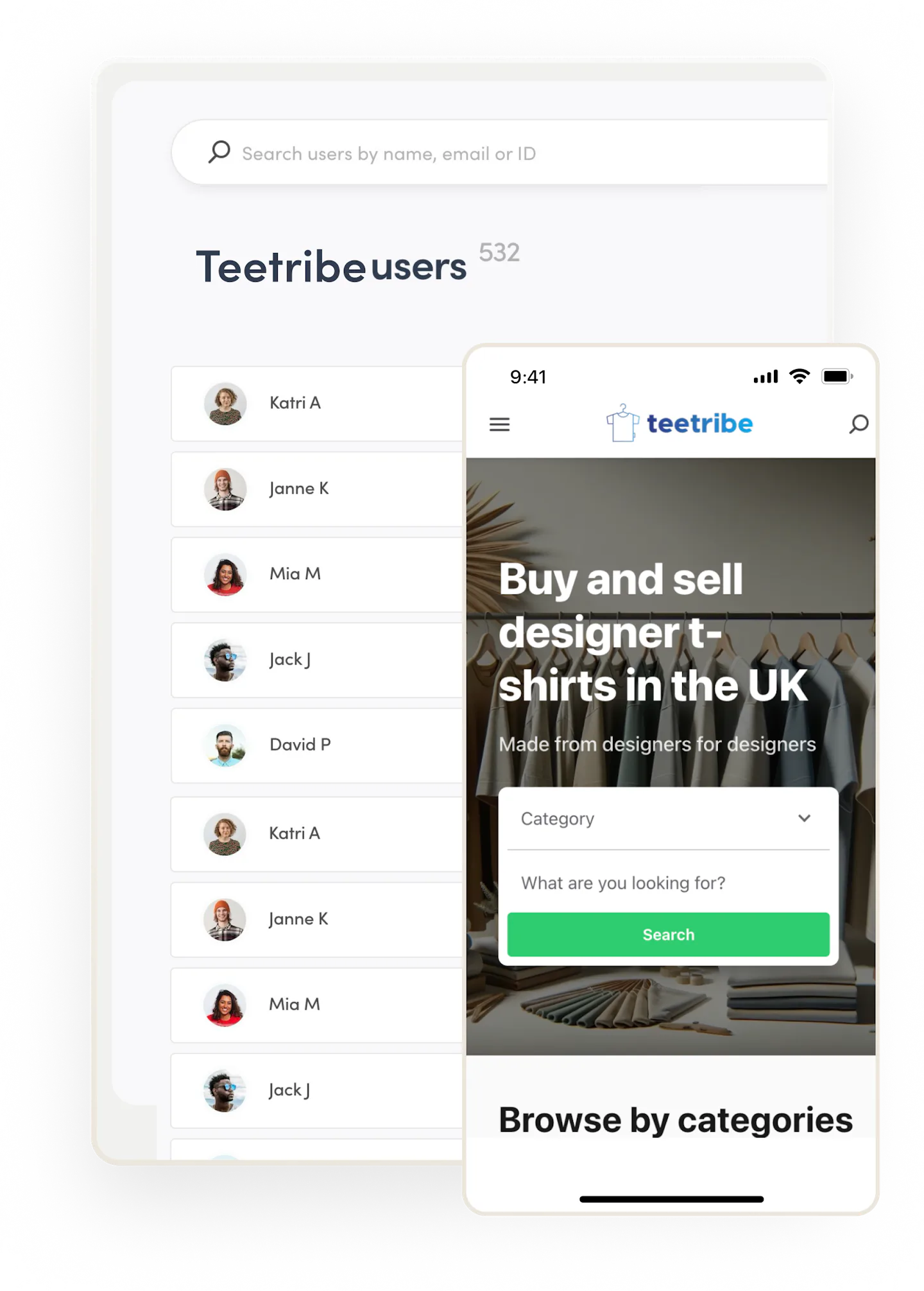 Sharetribe's user management page, overlaid by an example Sharetribe marketplace on mobile.