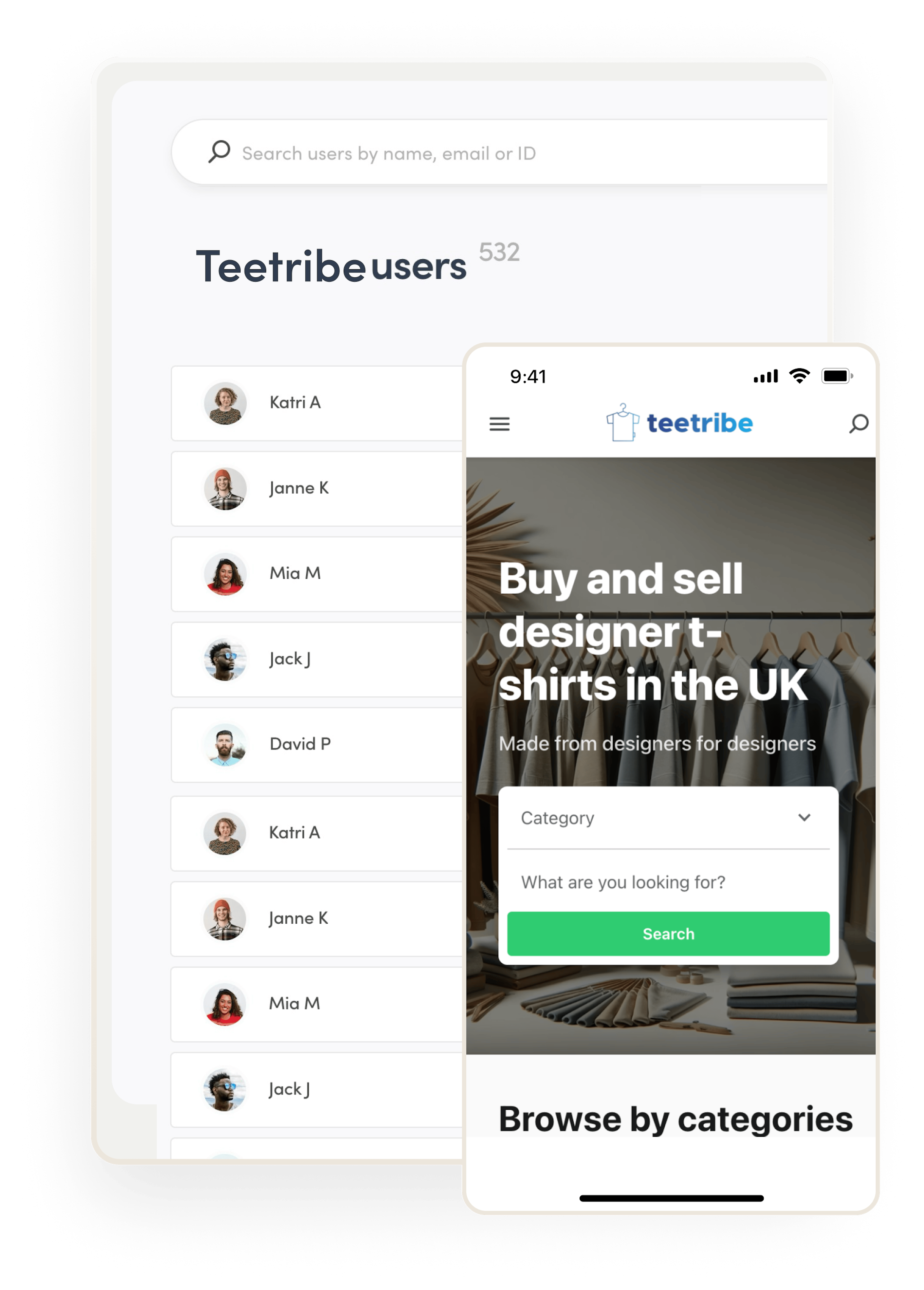 Sharetribe's user management page, overlaid by an example Sharetribe marketplace on mobile.