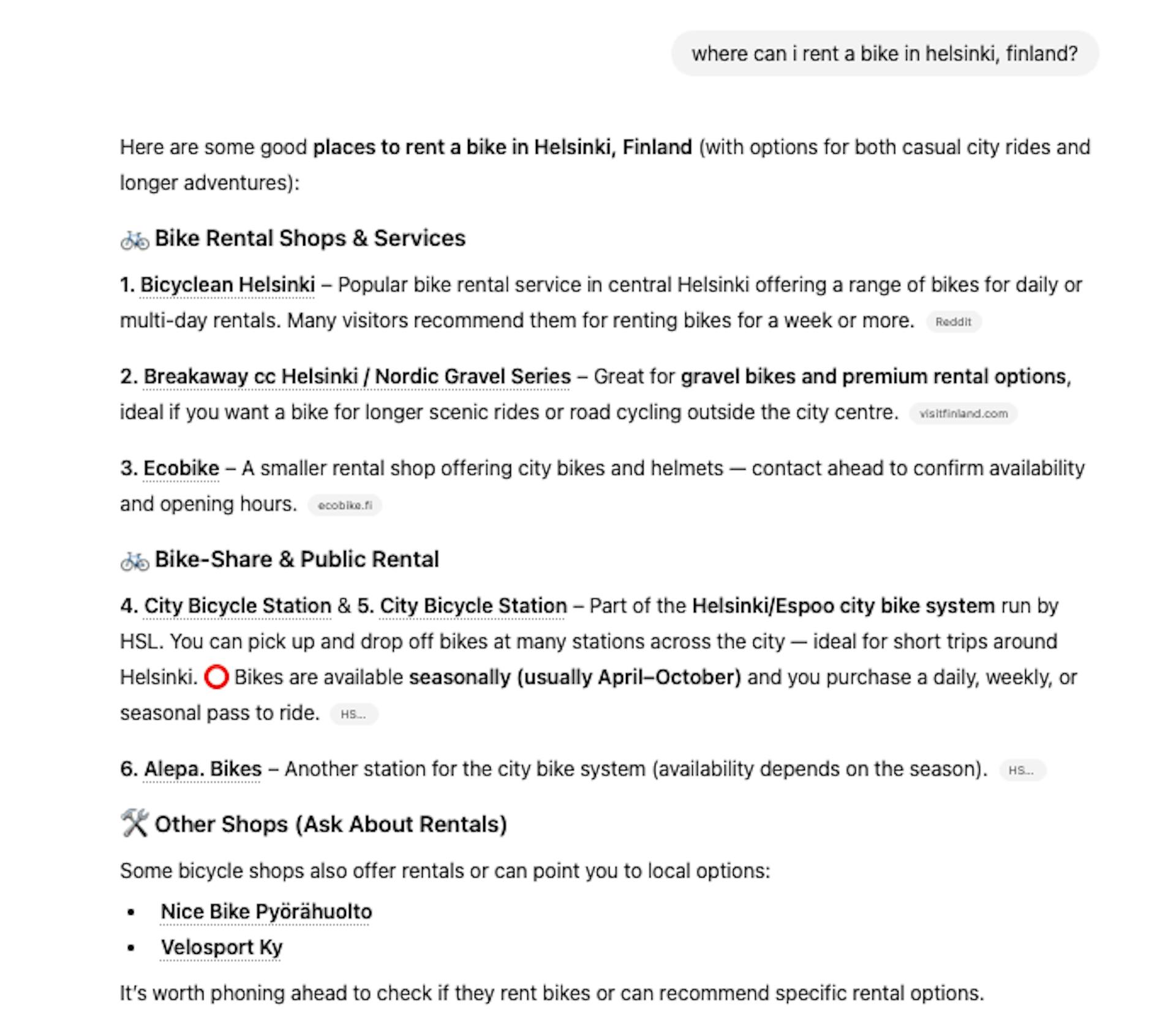 Screenshot of a ChatGPT answer to a question "where can i rent a bike in helsinki, finland" with several businesses and rental options listed.