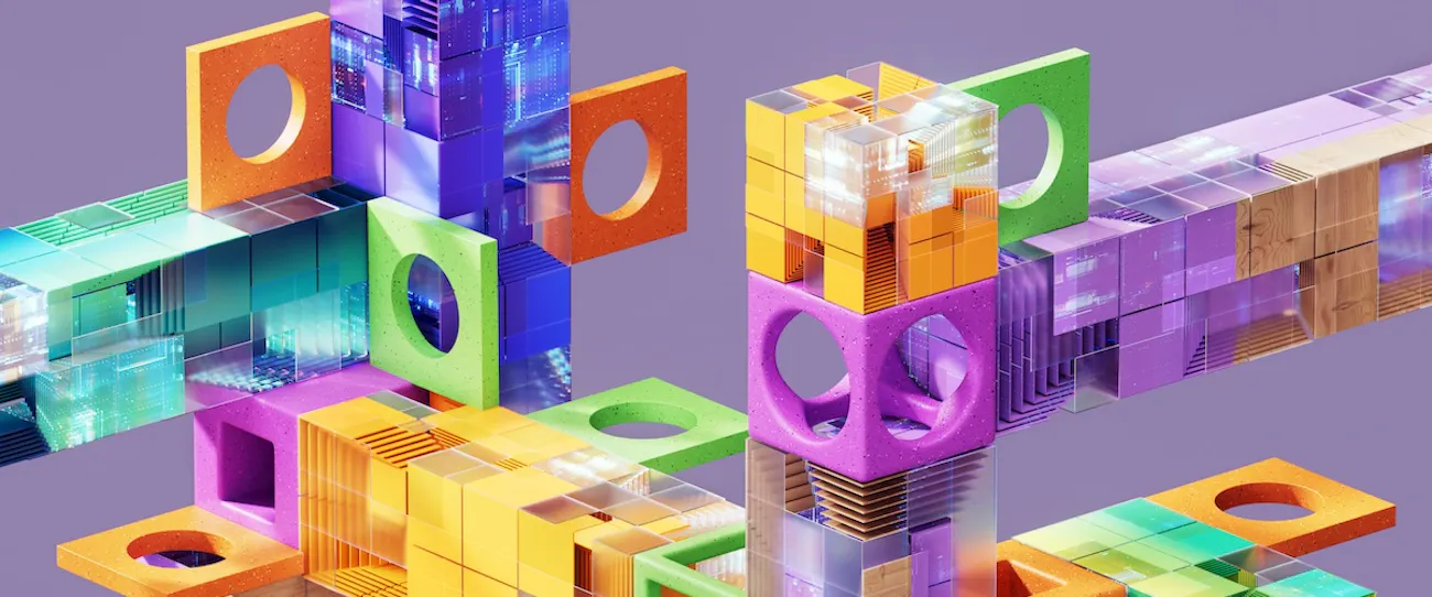 Colorful 3D modular network with geometric frames on purple background.