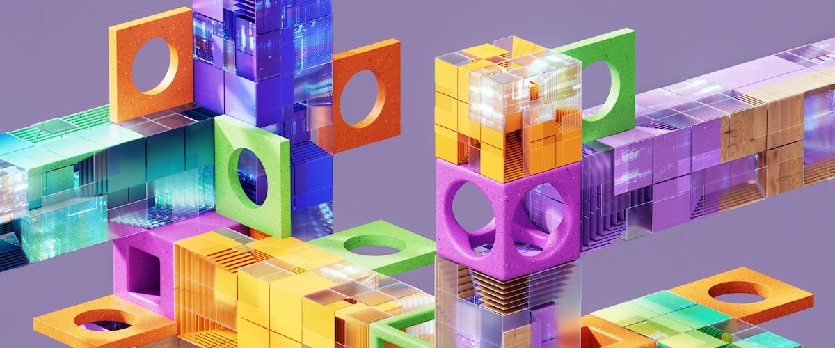 Colorful 3D modular network with geometric frames on purple background.
