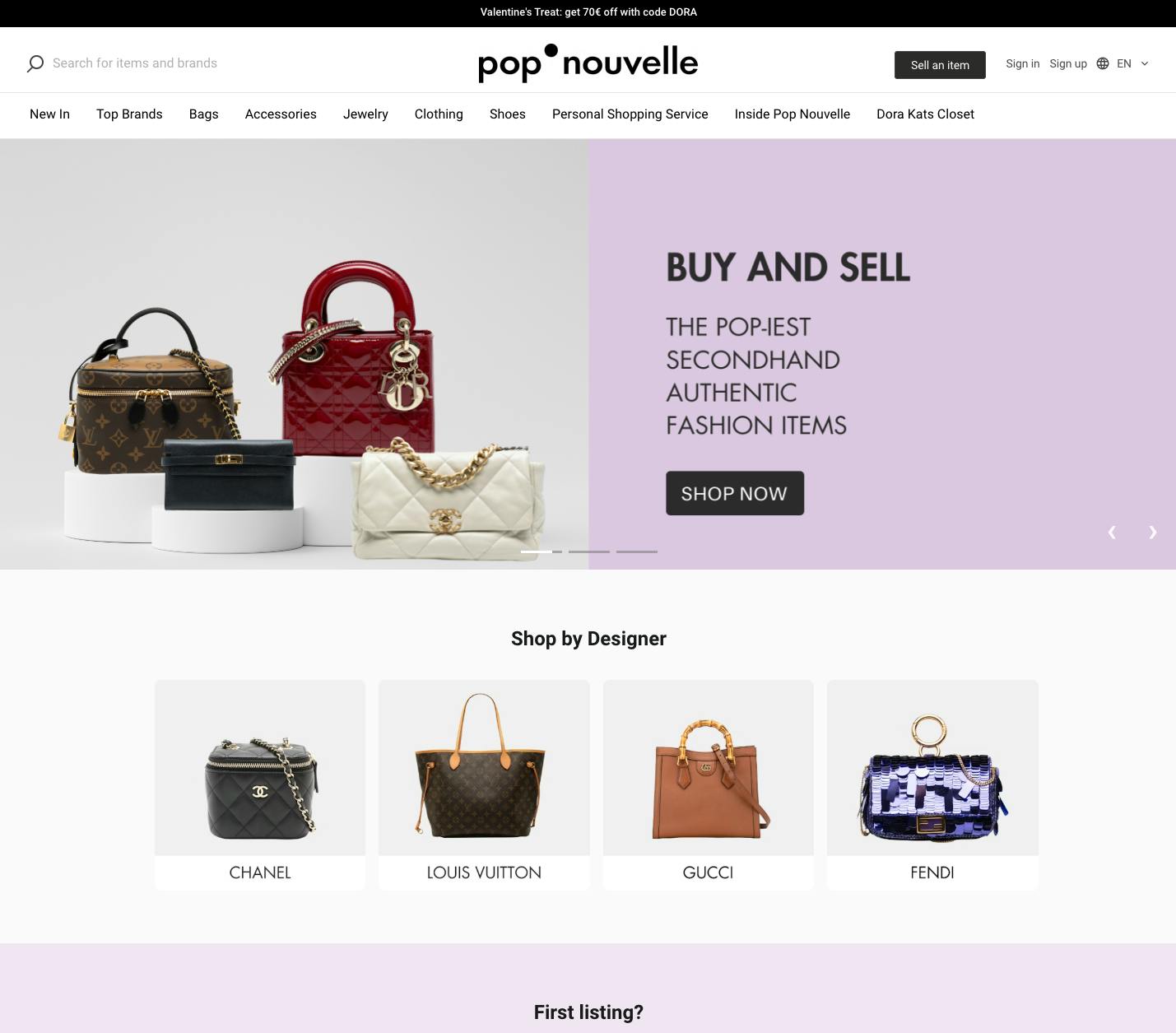 Pop Nouvelle customer to customer marketplace landing page