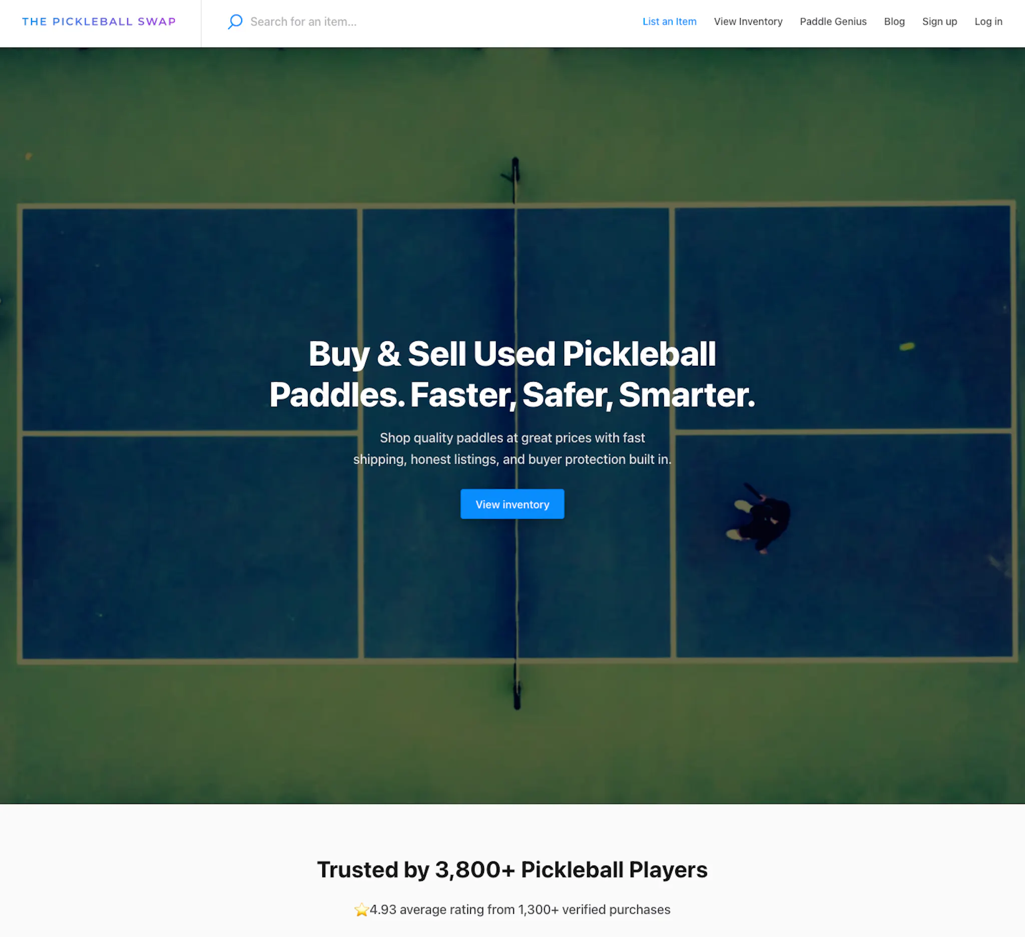 Pickleball Swap marketplace landing page with H1 copy: Buy & Sell Used Pickleball Paddles. Faster, Safer, Smarter.