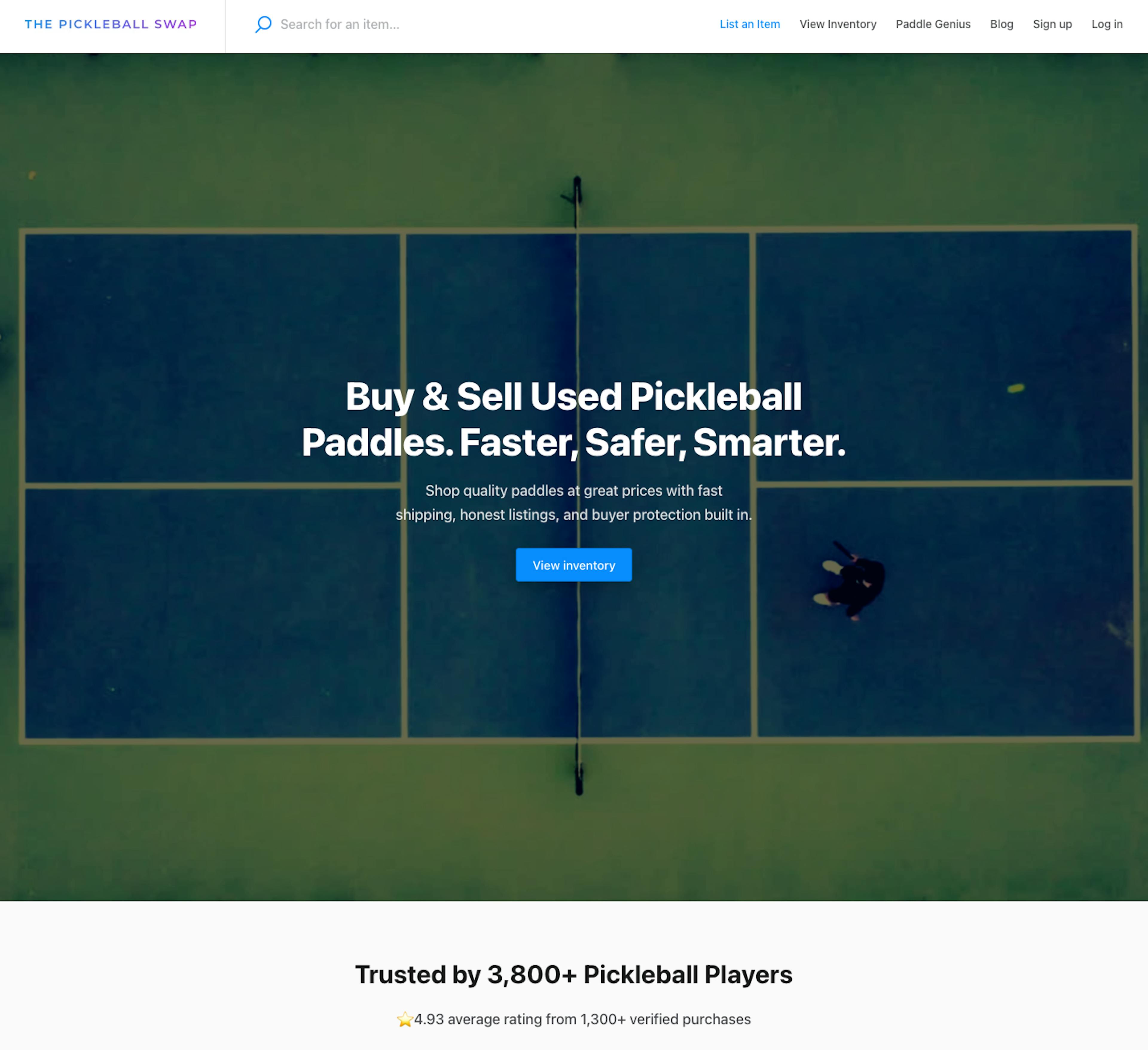 Pickleball Swap marketplace landing page with H1 copy: Buy & Sell Used Pickleball Paddles. Faster, Safer, Smarter.