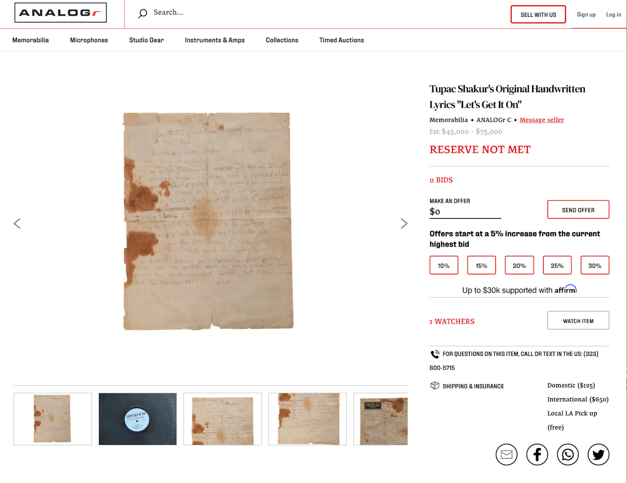 Listing on the Analogr marketplace for "Tupac Shakur's Original Handwritten Lyrics 'Let's Get It On'". The listing image shows a worn, stained, creased piece of paper with writing on pencil.