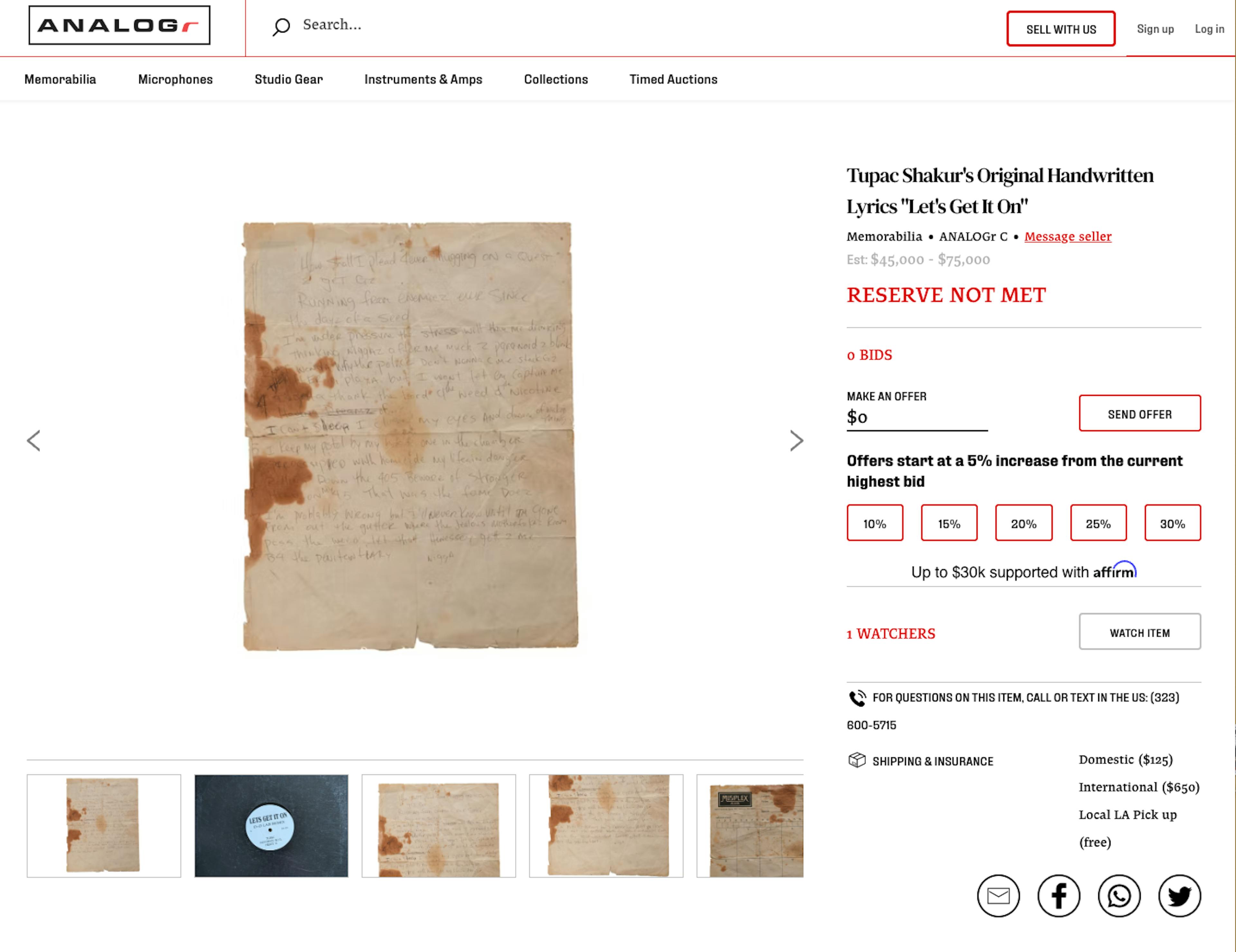 Listing on the Analogr marketplace for "Tupac Shakur's Original Handwritten Lyrics 'Let's Get It On'". The listing image shows a worn, stained, creased piece of paper with writing on pencil.