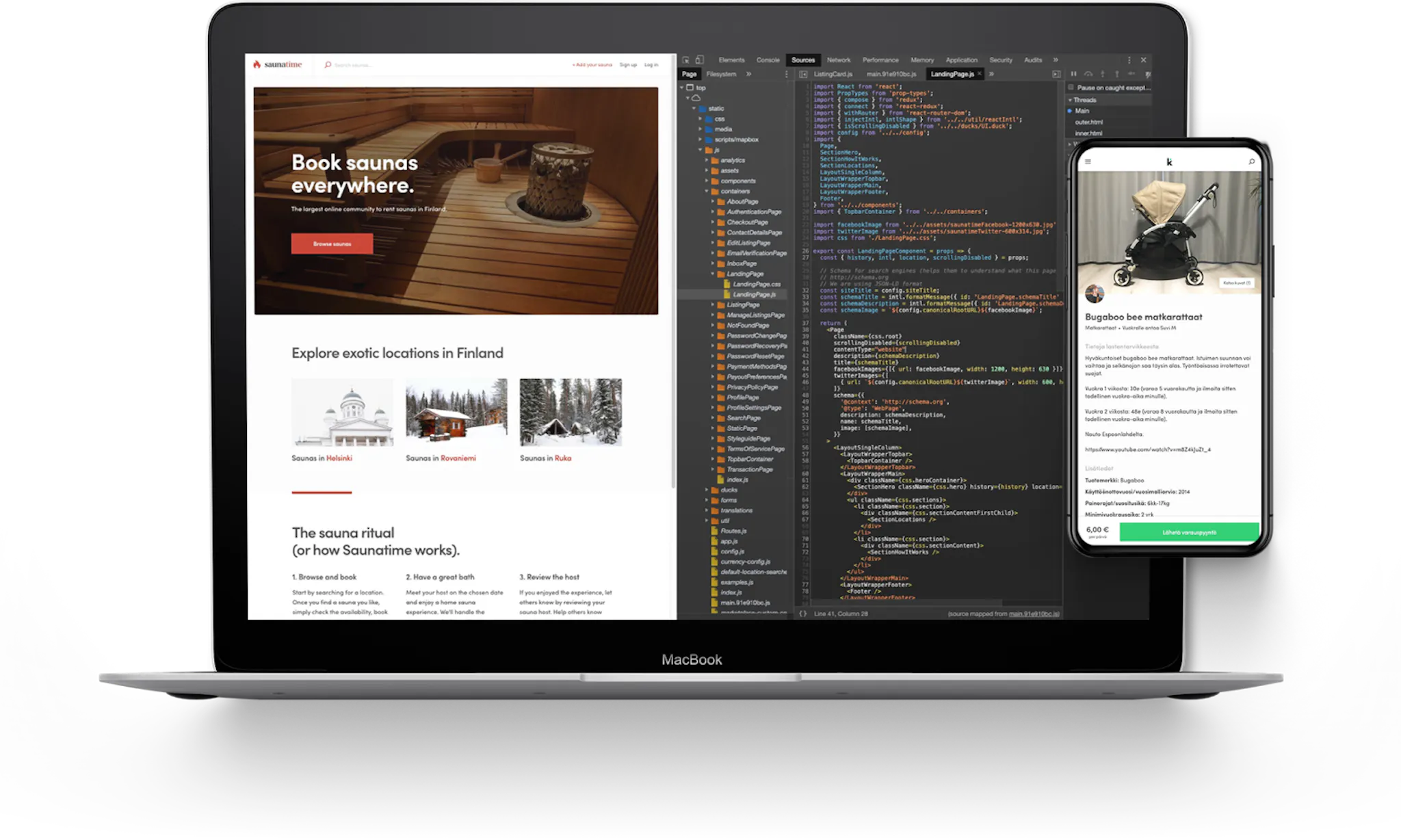 A laptop and a smartphone showing a Sharetribe marketplace UI, optimized for both web and mobile interfaces.