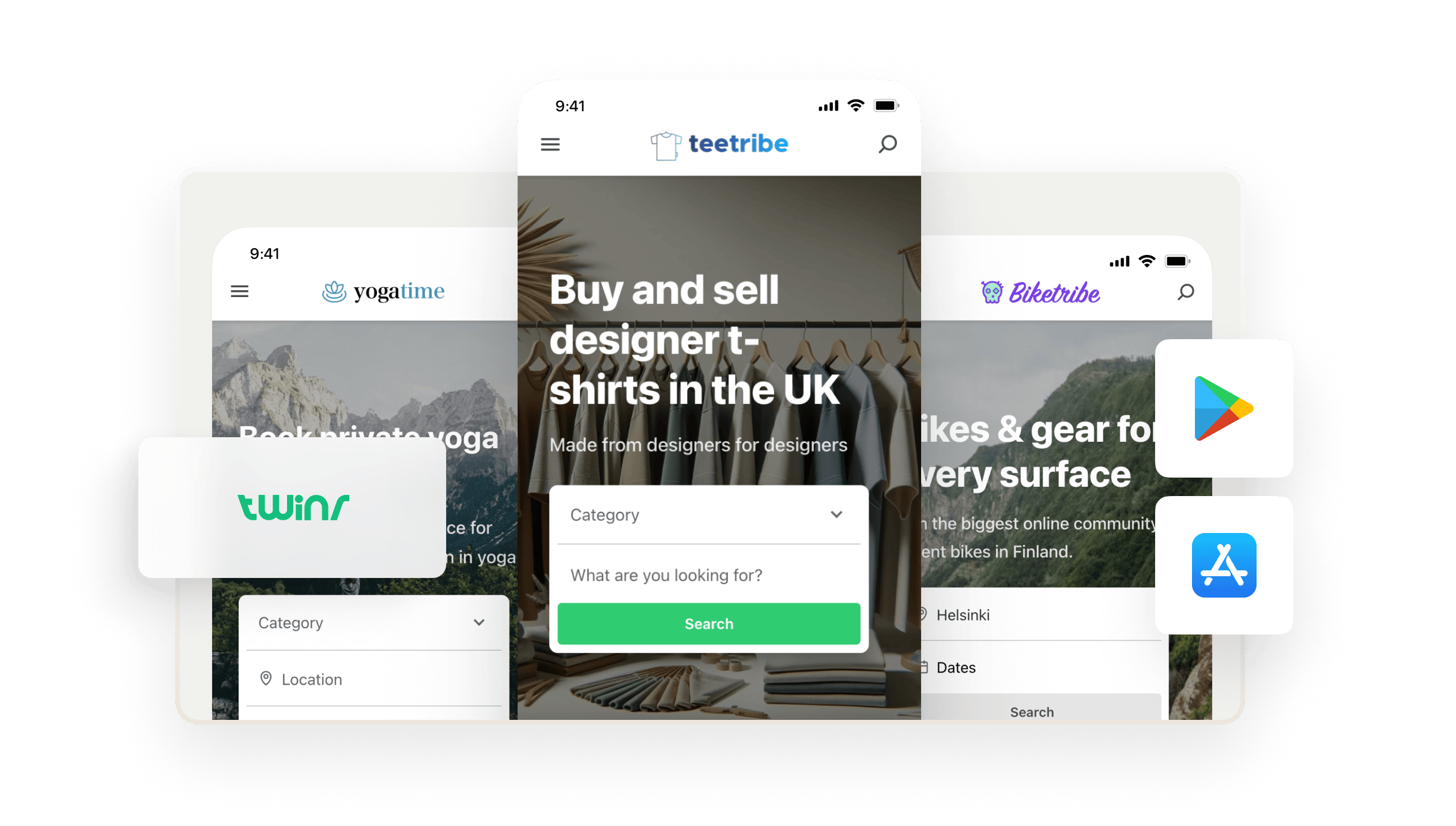 Three mobile screens featuring Sharetribe's marketplace templates wrapped as mobile apps using Twinr with Twinr's logo and the Google Play Store and Apple App store logos overlaid.