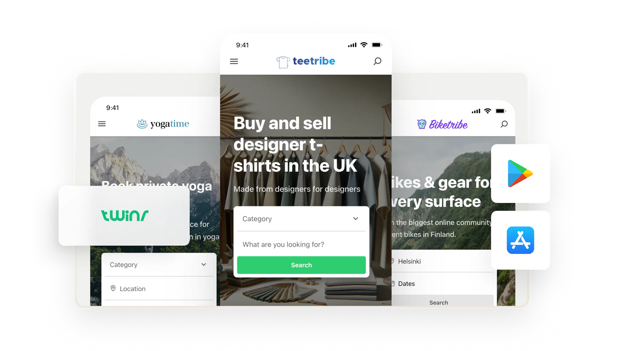 Three mobile screens featuring Sharetribe's marketplace templates wrapped as mobile apps using Twinr with Twinr's logo and the Google Play Store and Apple App store logos overlaid.