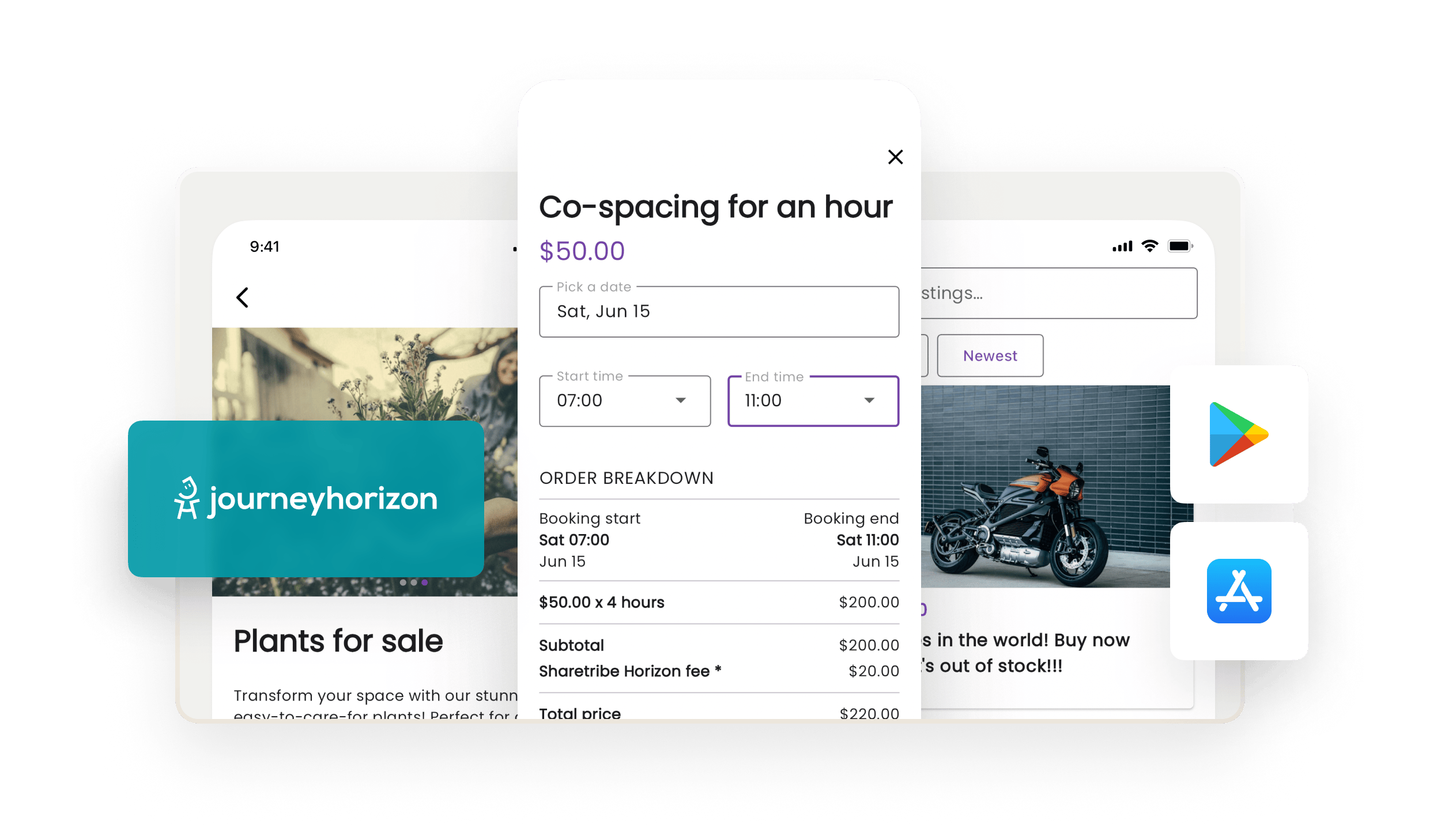 Three mobile screens featuring a listing page, a search page, and a booking page on Journeyhorizon's mobile app template for Sharetribe, with Journeyhorizon's logo and the Google Play Store and Apple App Store logos overlaid.