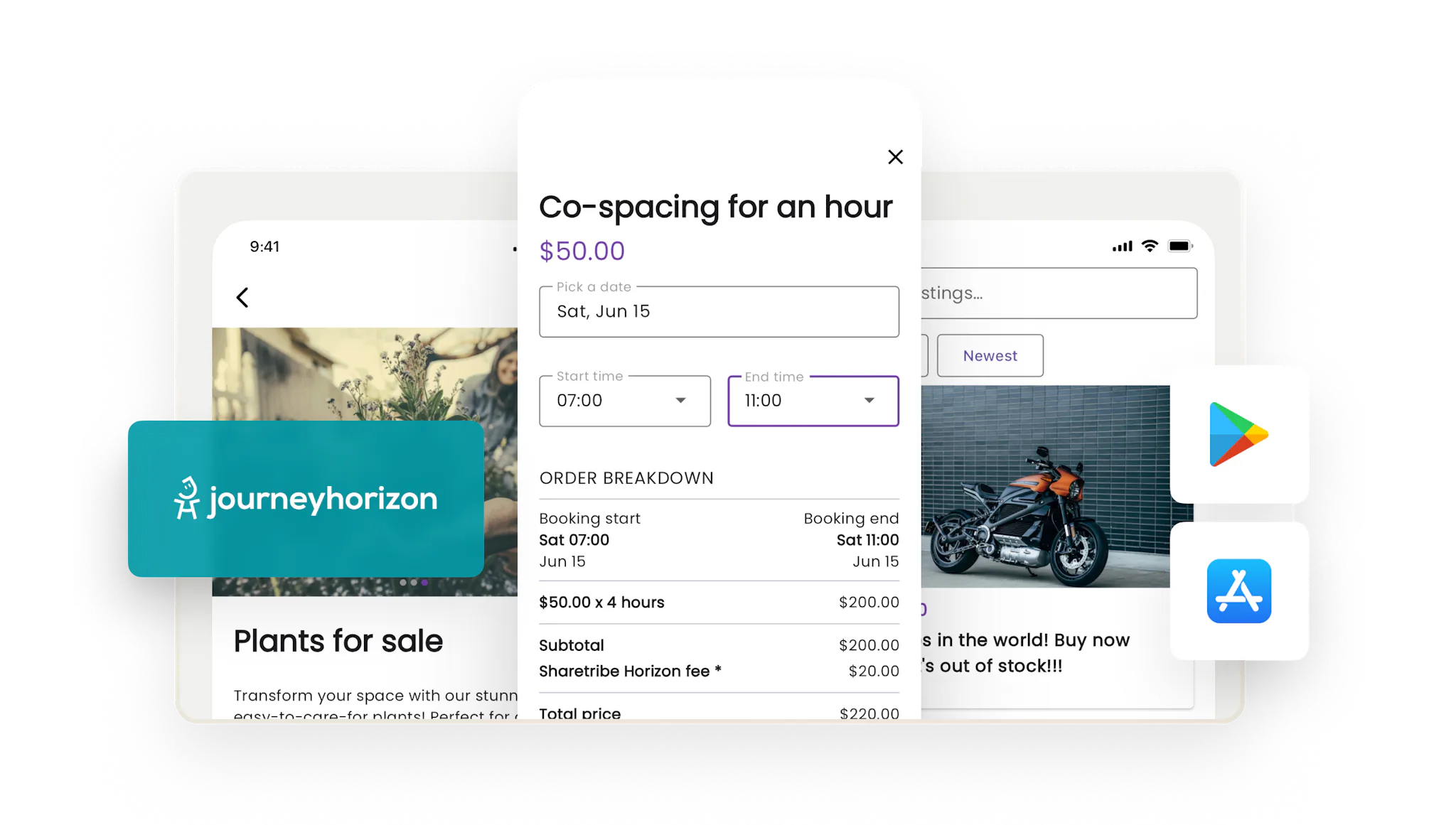 Three mobile screens featuring a listing page, a search page, and a booking page on Journeyhorizon's mobile app template for Sharetribe, with Journeyhorizon's logo and the Google Play Store and Apple App Store logos overlaid.