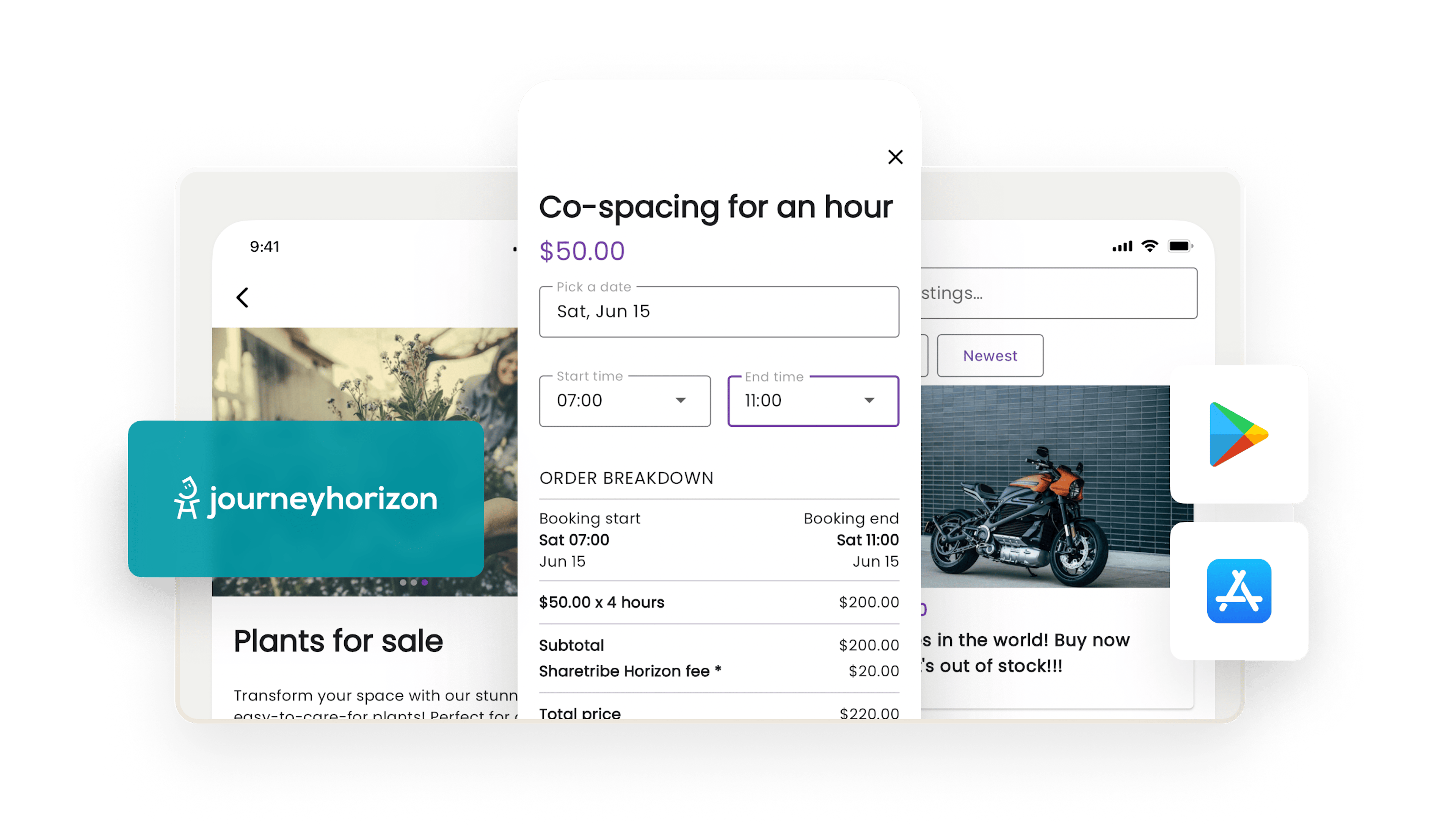 Three mobile screens featuring a listing page, a search page, and a booking page on Journeyhorizon's mobile app template for Sharetribe, with Journeyhorizon's logo and the Google Play Store and Apple App Store logos overlaid.