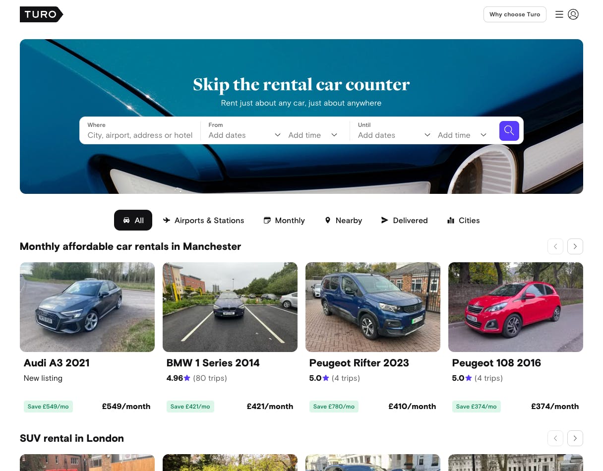 Turo peer to peer car rental marketplace landing page