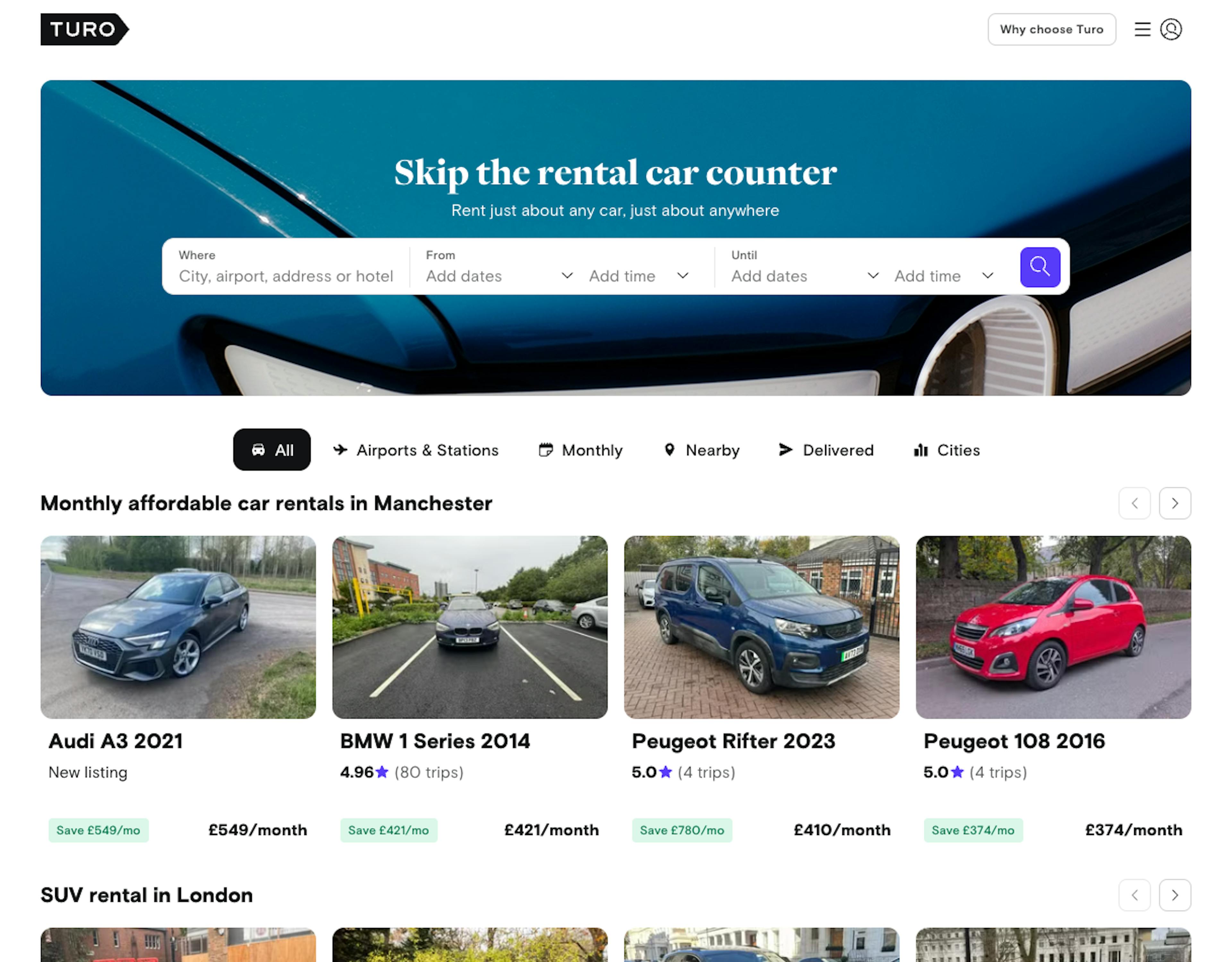 Turo peer to peer car rental marketplace landing page