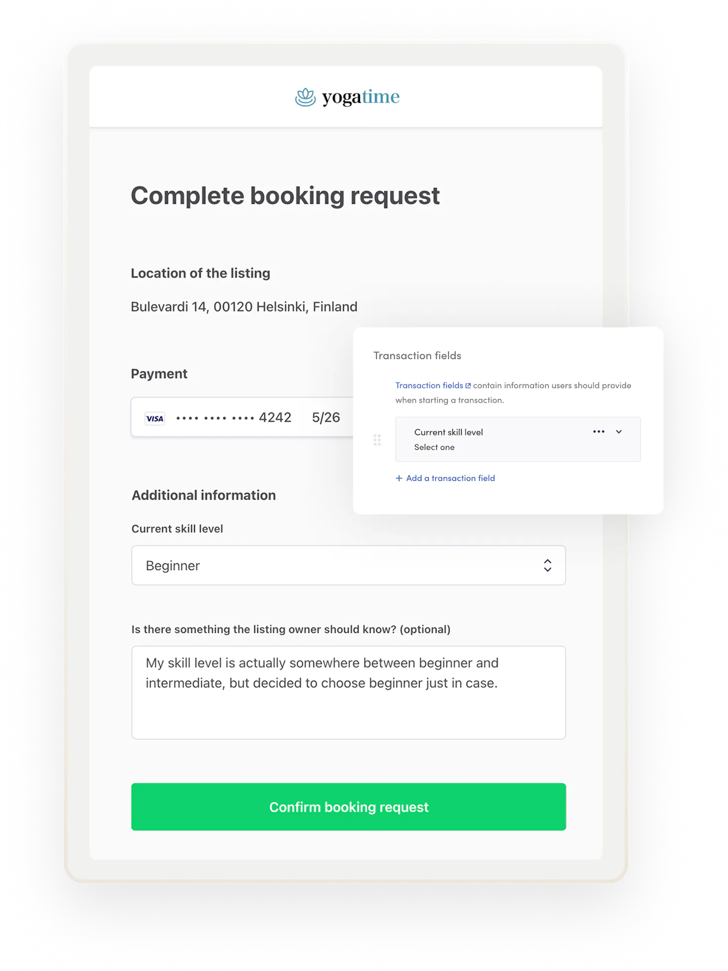Someone is about make a yoga clas booking. The marketplace operator has added a field to ask the customer's skill level to the checkout flow.