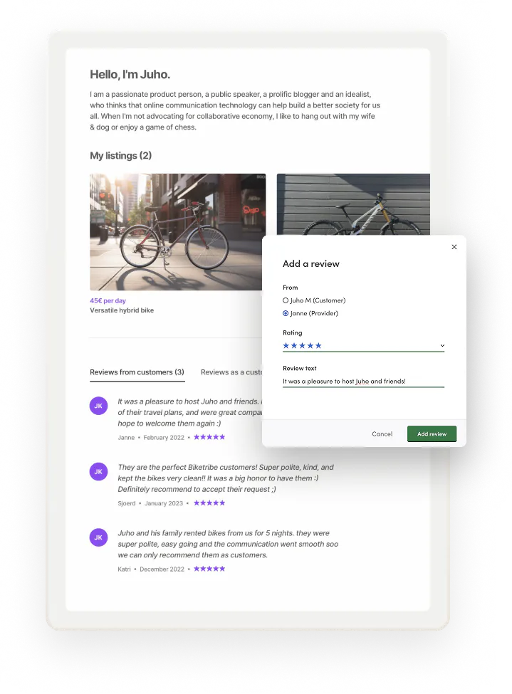 A sample page for a bike renter, Juho. The operator is adding a late review manually through Console.