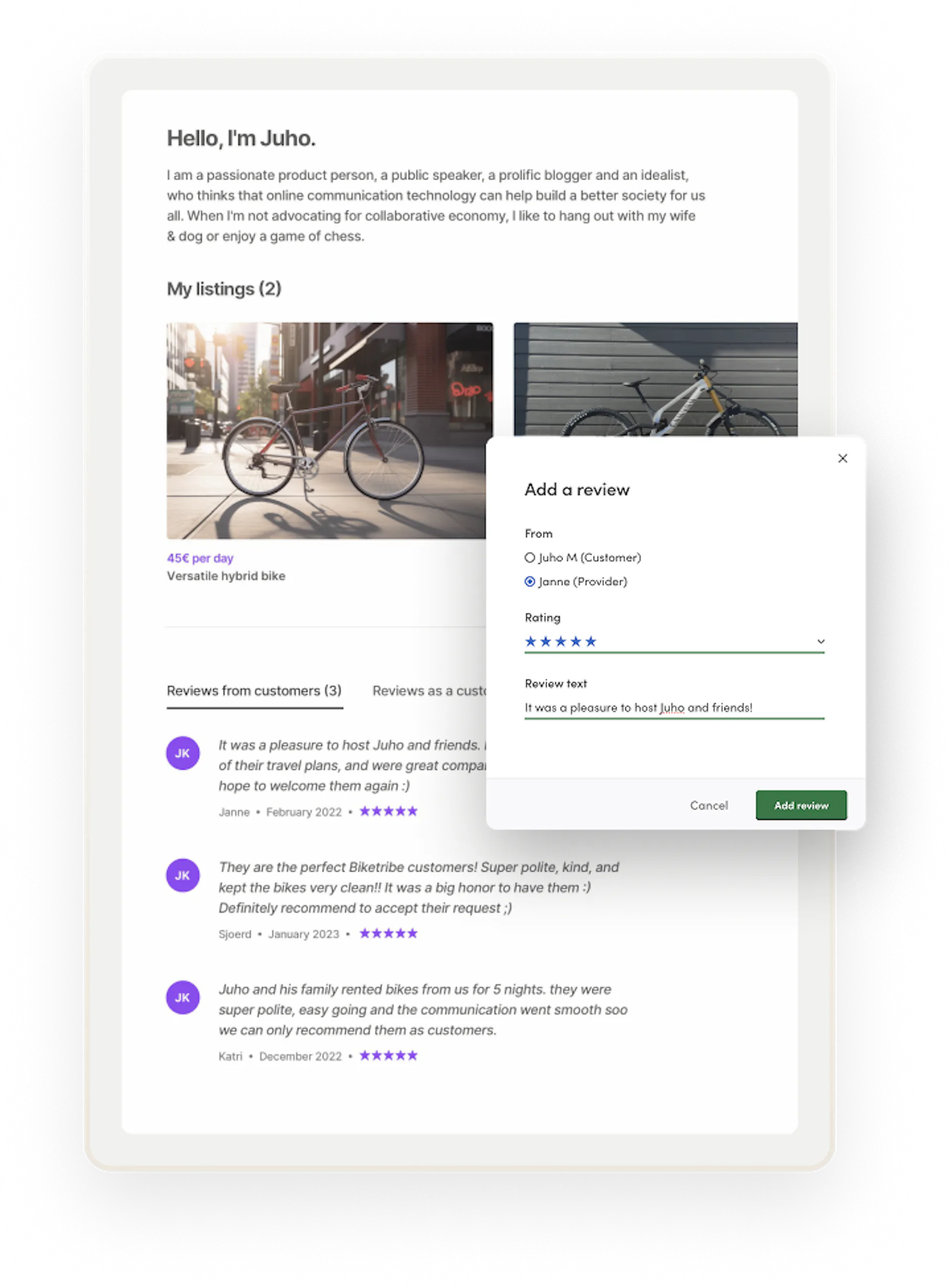 A sample page for a bike renter, Juho. The operator is adding a late review manually through Console.
