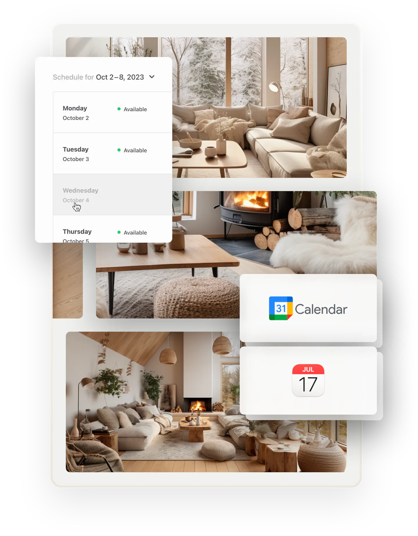 Three images of a calm, modern cottage styled in light colors. A snapshot of the weekly availability management tool is overlaid on top. Two further boxes show icons for Google and Apple calendars.