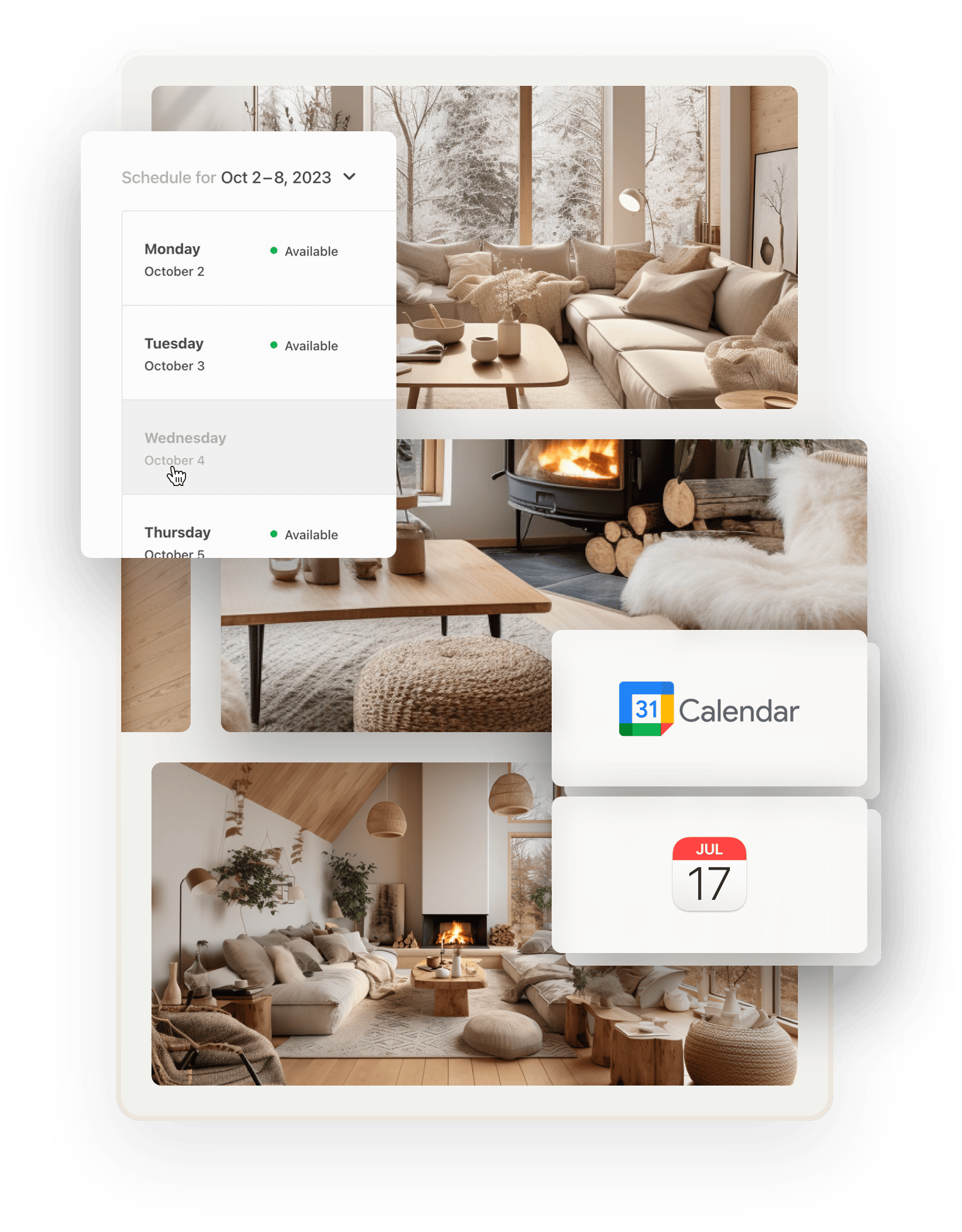 Three images of a calm, modern cottage styled in light colors. A snapshot of the weekly availability management tool is overlaid on top. Two further boxes show icons for Google and Apple calendars.