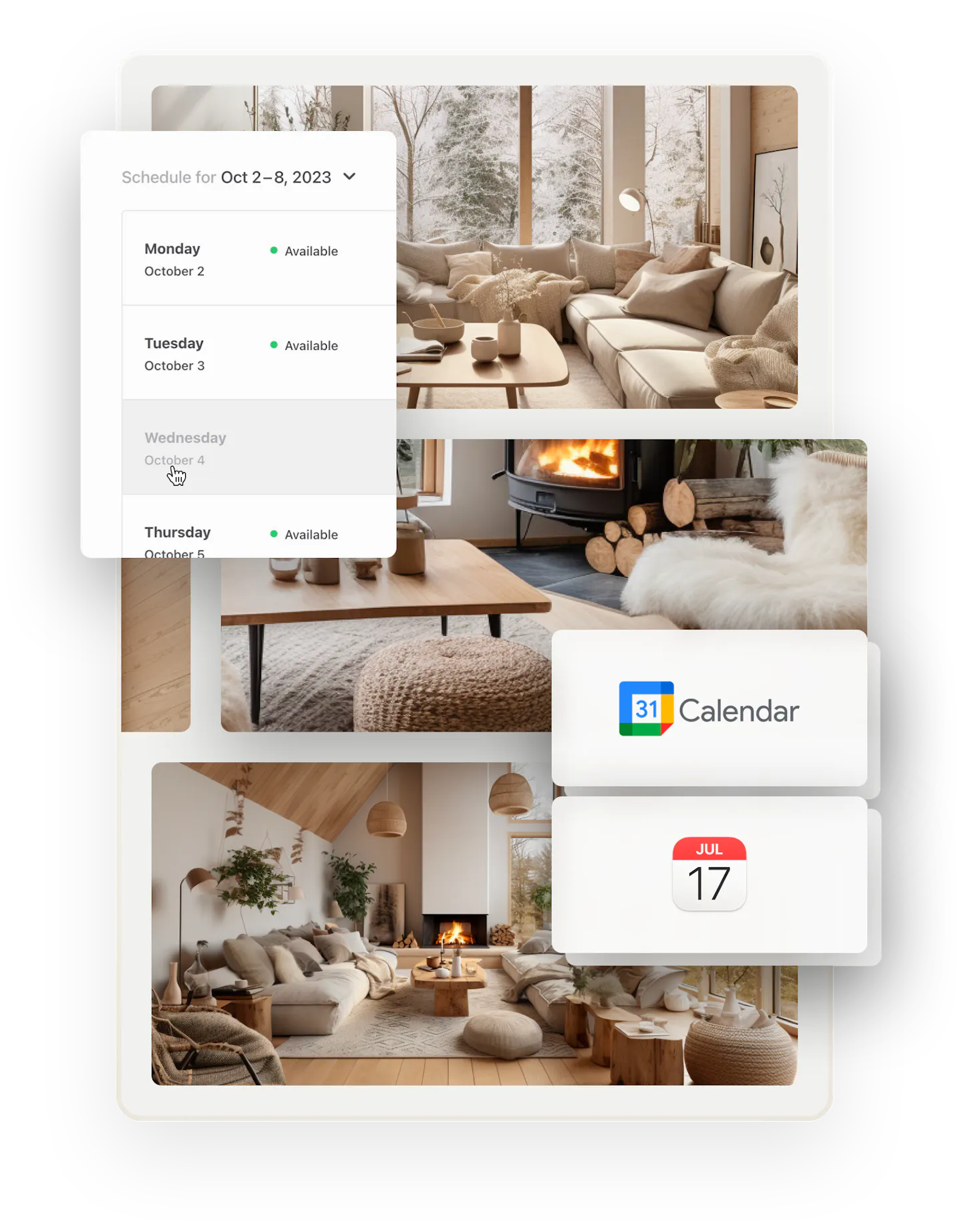 Three images of a calm, modern cottage styled in light colors. A snapshot of the weekly availability management tool is overlaid on top. Two further boxes show icons for Google and Apple calendars.