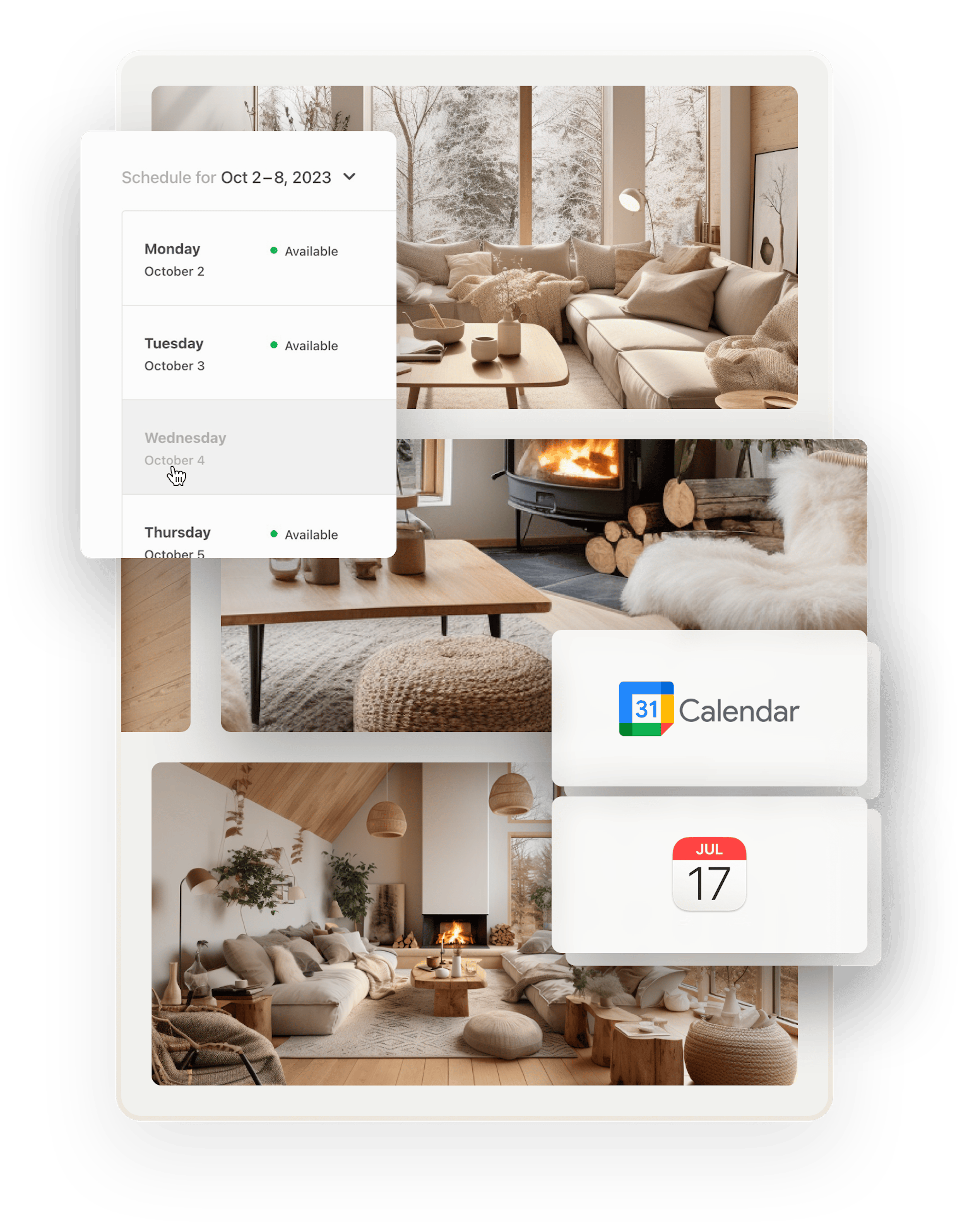 Three images of a calm, modern cottage styled in light colors. A snapshot of the weekly availability management tool is overlaid on top. Two further boxes show icons for Google and Apple calendars.