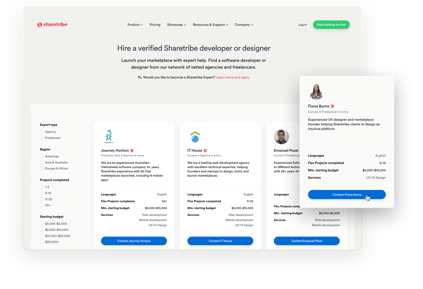 The Sharetribe Expert Network page. On the page, you can filter based on expert type, region, and starting budget among other options. You can also contact the experts.