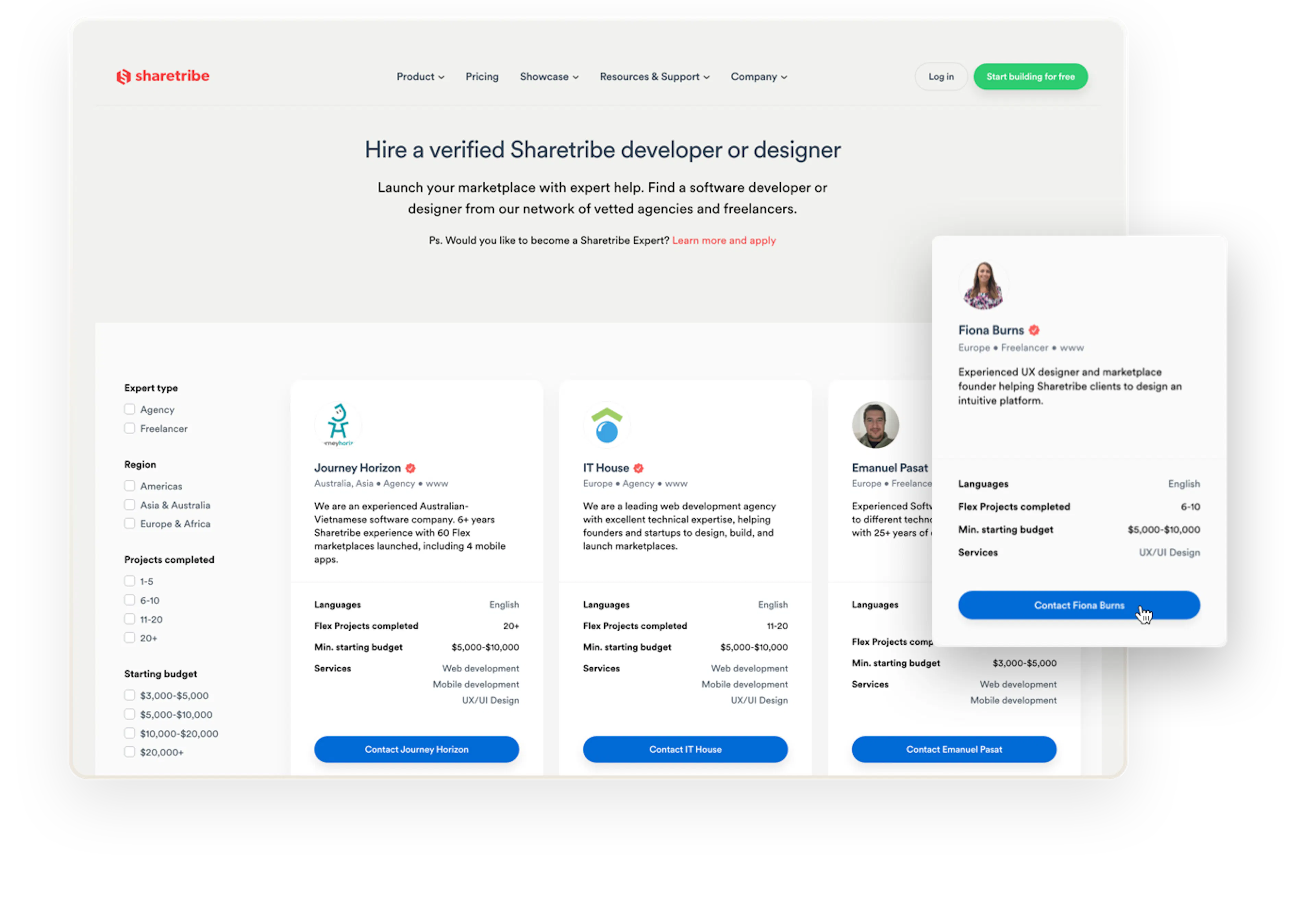 The Sharetribe Expert Network page. On the page, you can filter based on expert type, region, and starting budget among other options. You can also contact the experts.