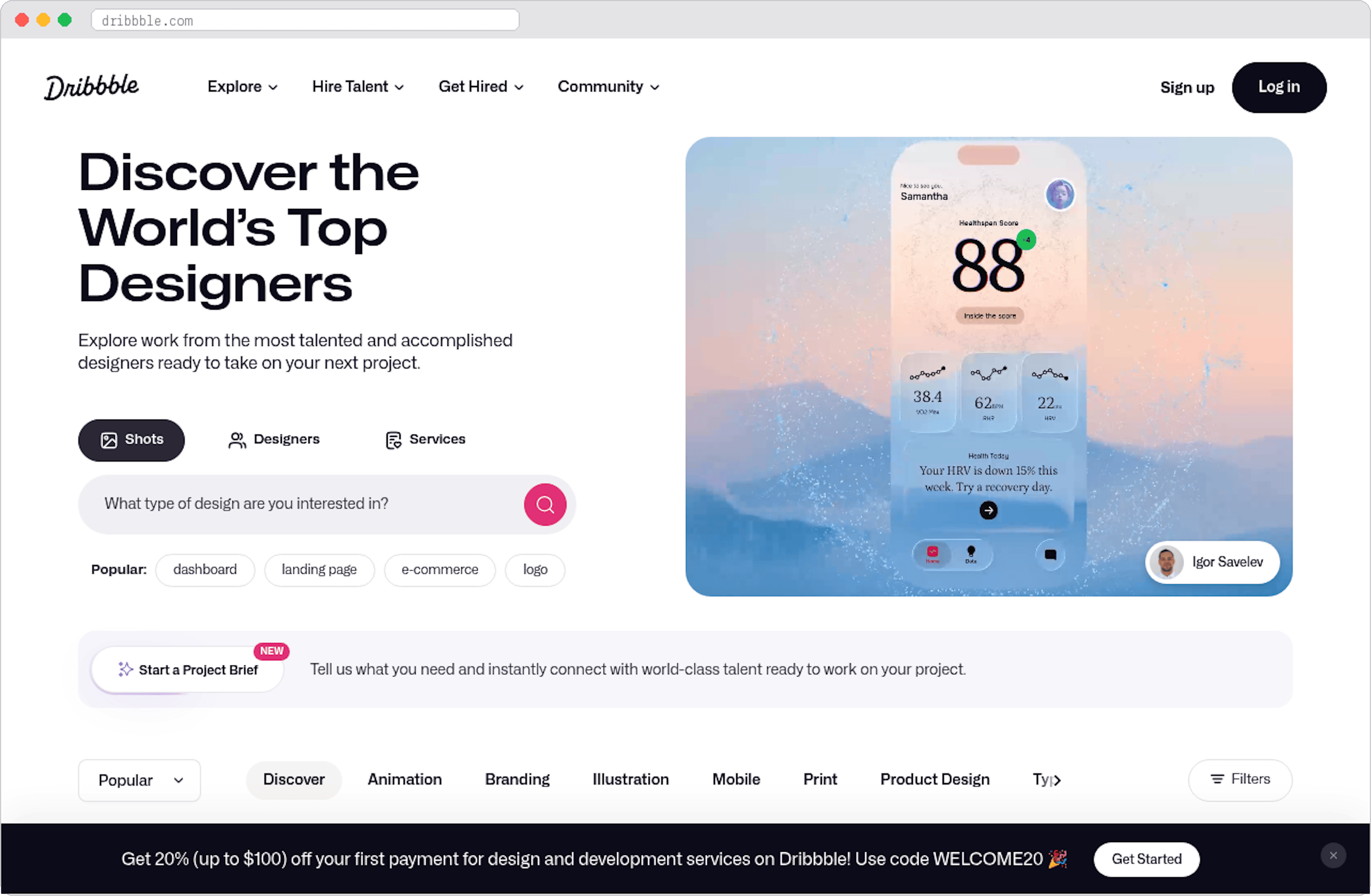 Dribbble marketplace homepage screenshot