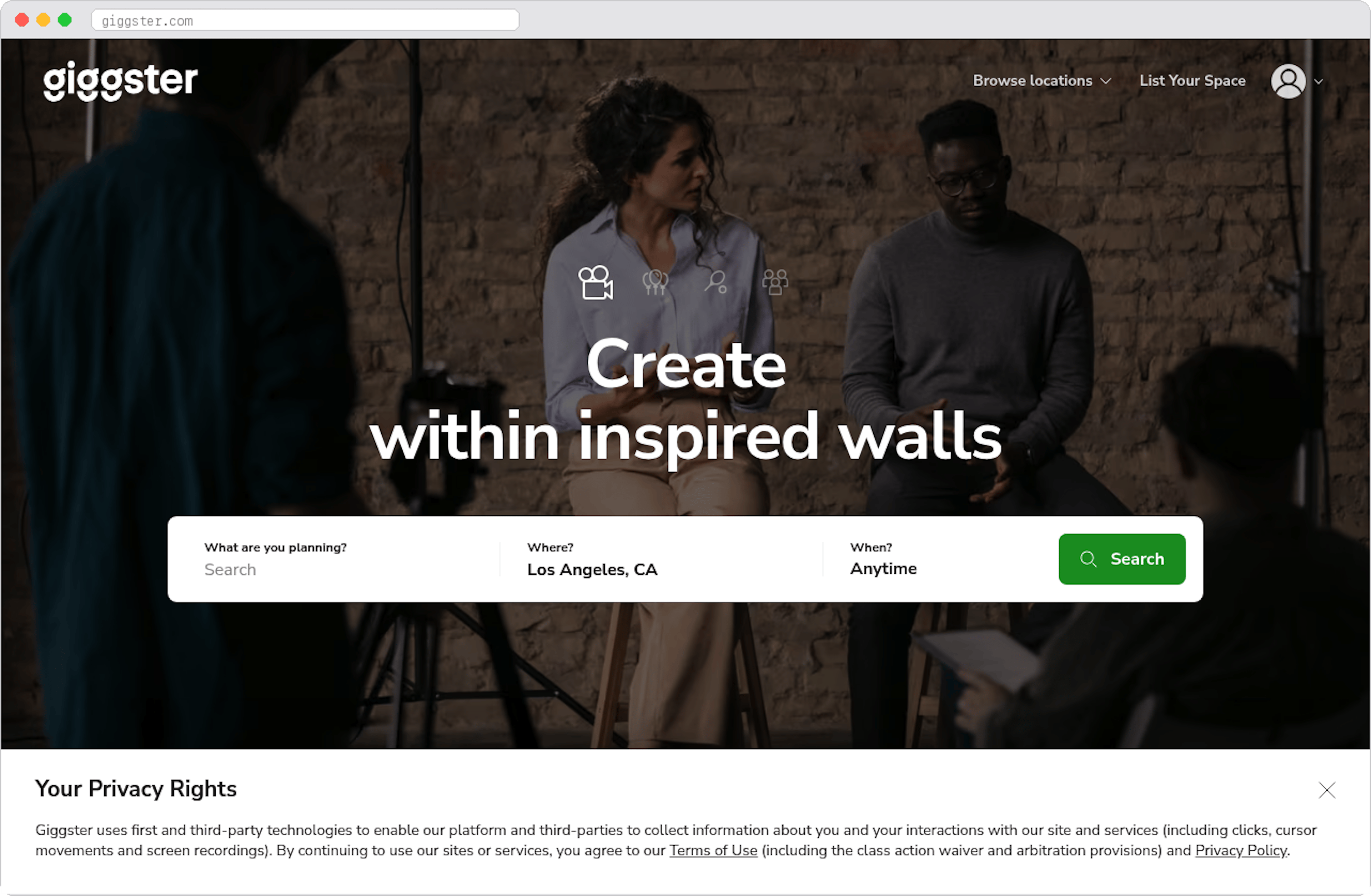 Giggster marketplace homepage screenshot