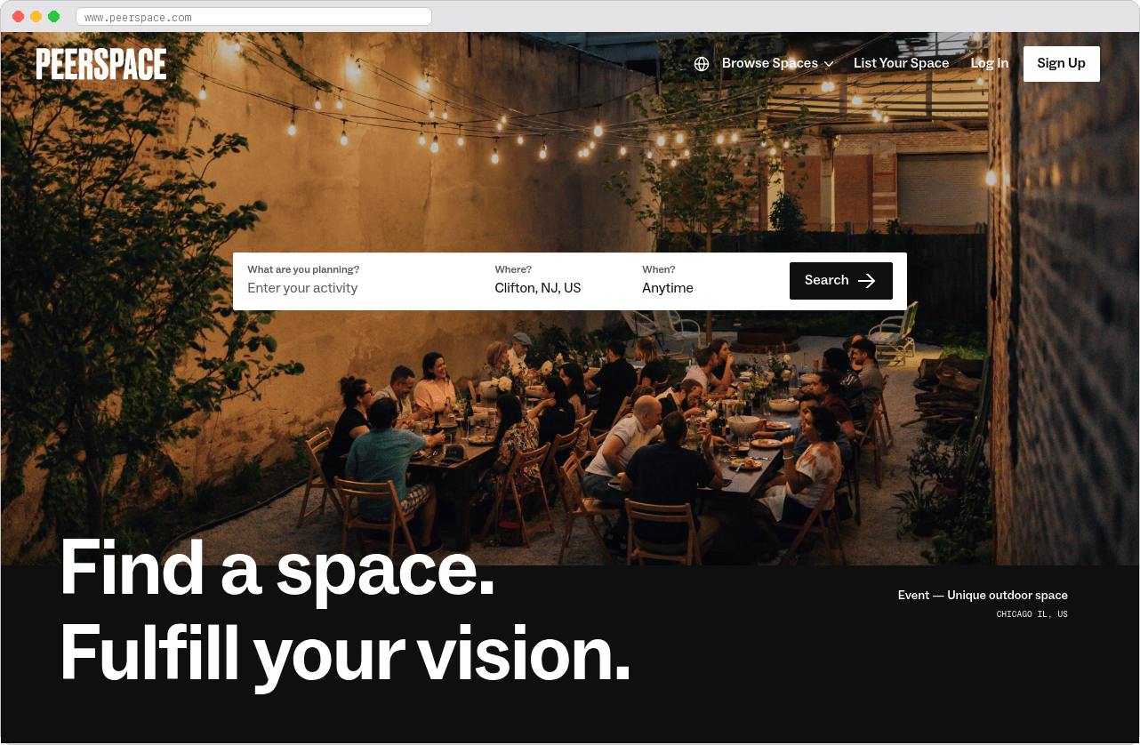 Peerspace marketplace homepage screenshot