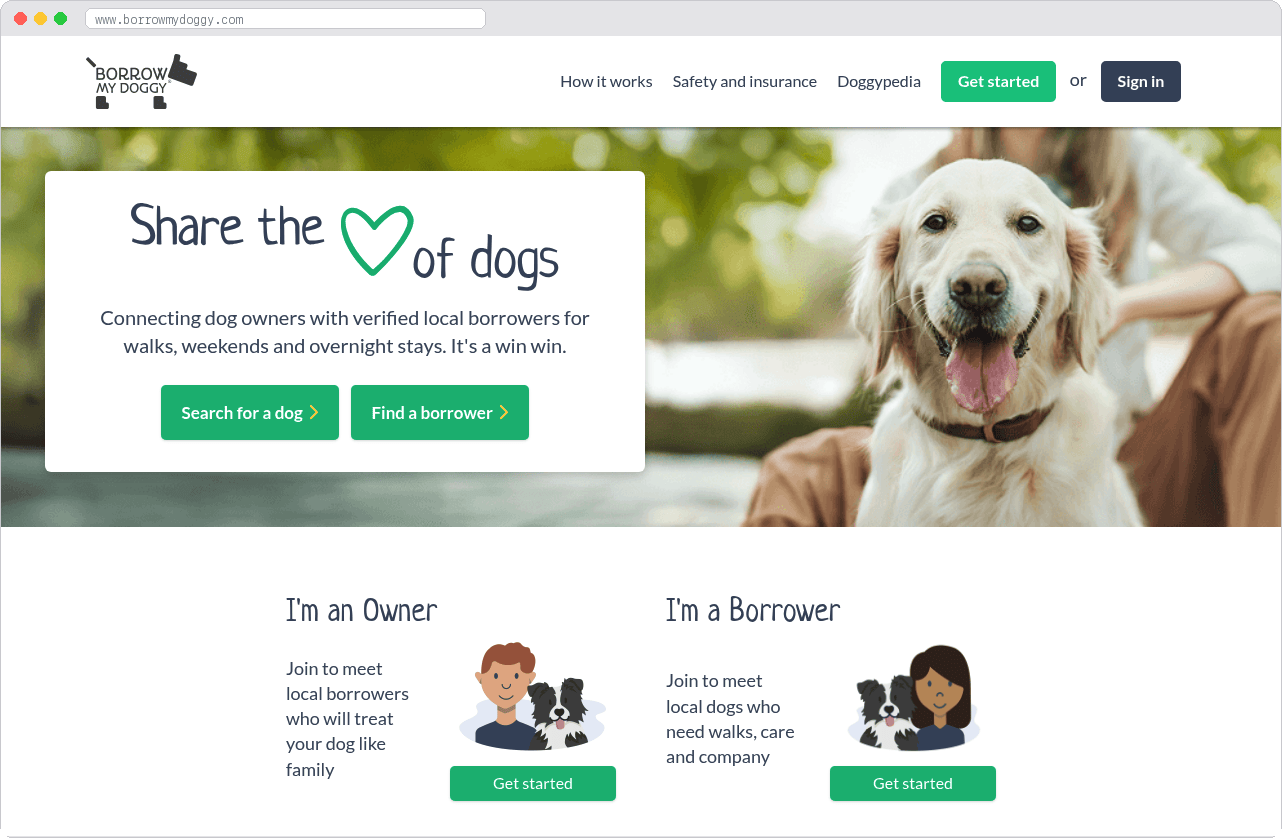 BorrowMyDoggy marketplace homepage screenshot