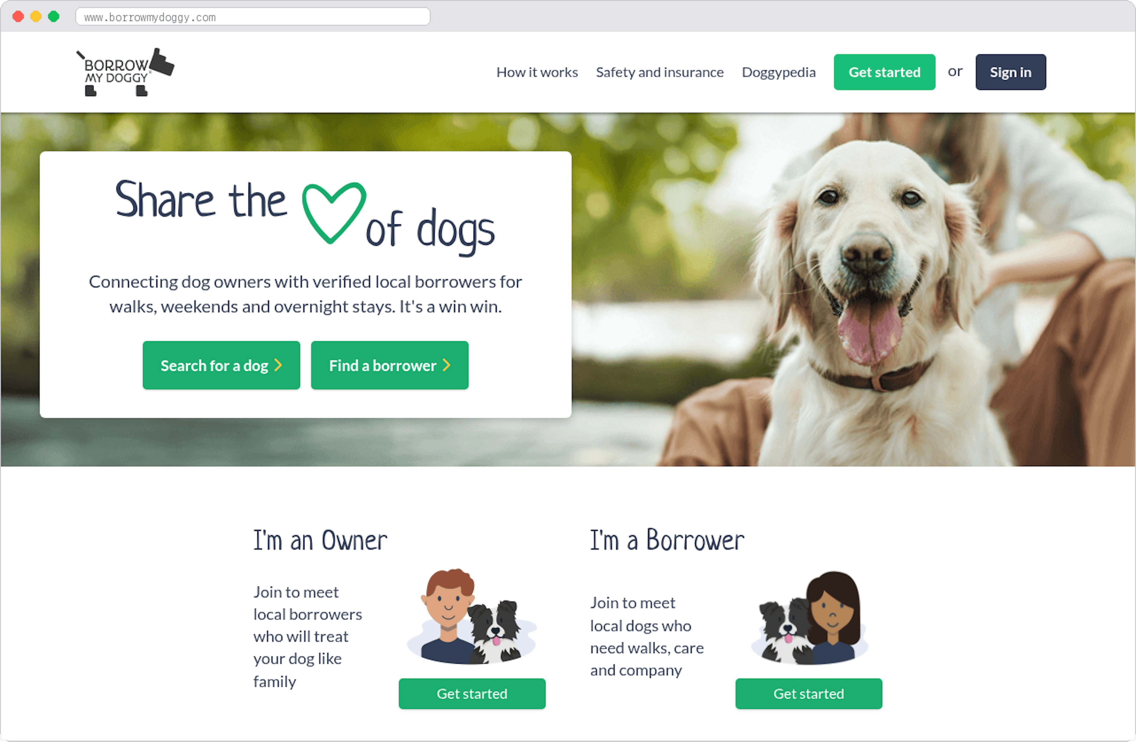 BorrowMyDoggy marketplace homepage screenshot
