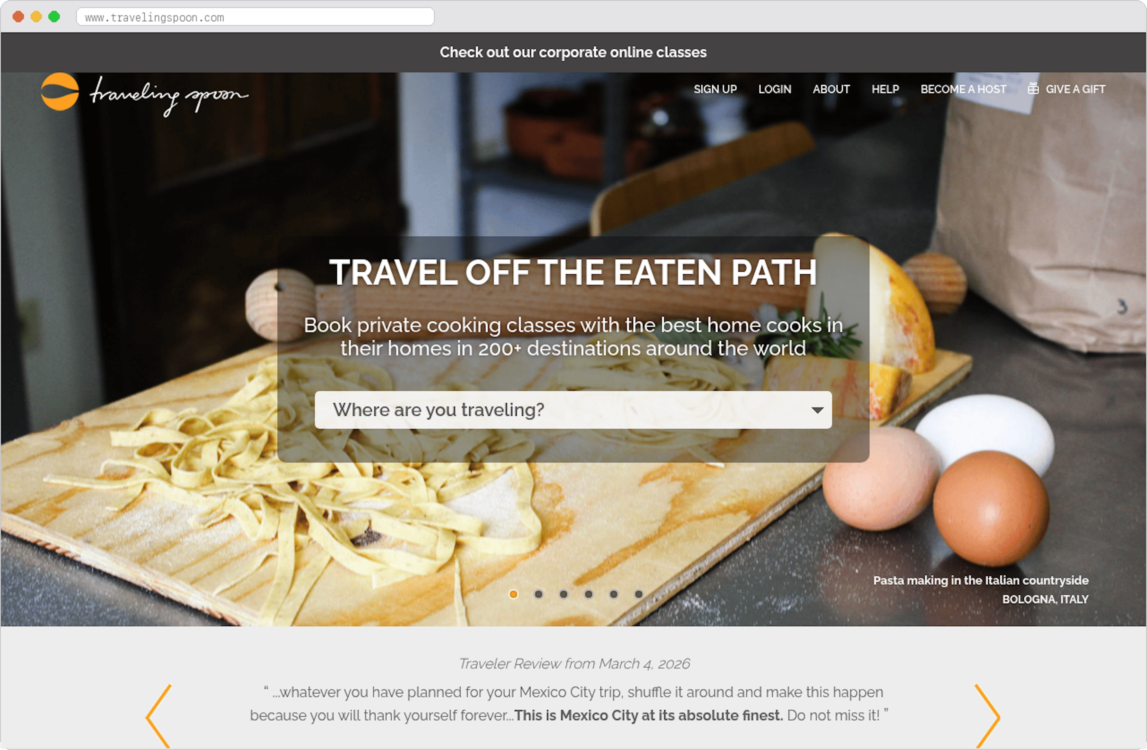 Traveling Spoon marketplace homepage screenshot