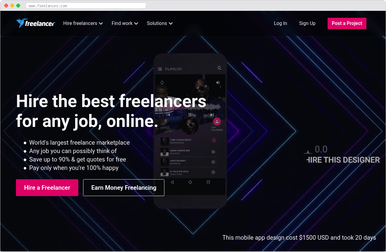 Freelancer.com marketplace homepage screenshot