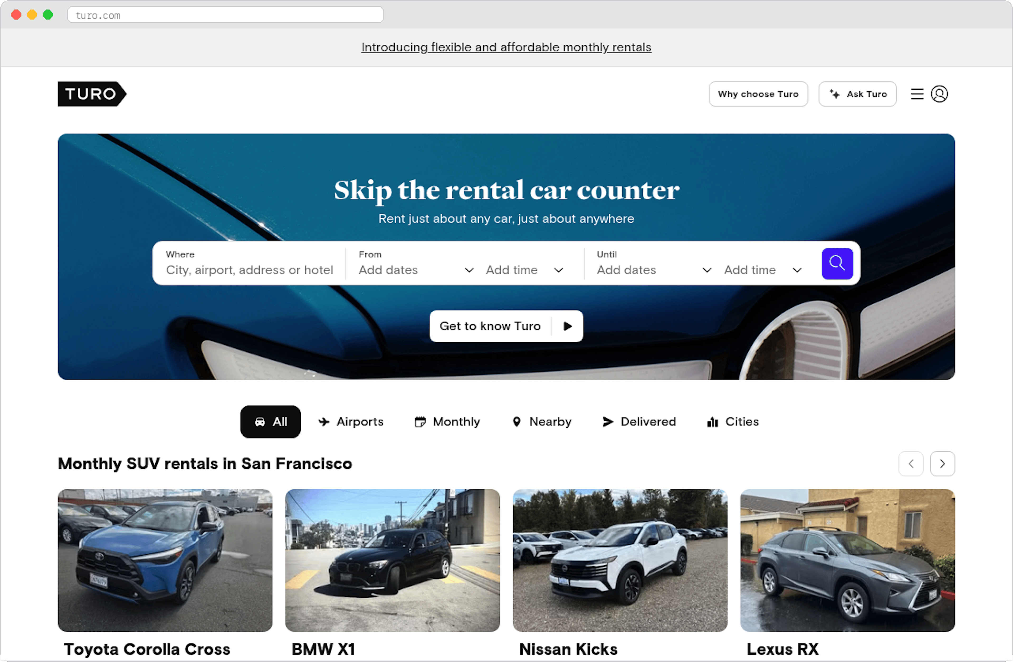 Turo marketplace homepage screenshot