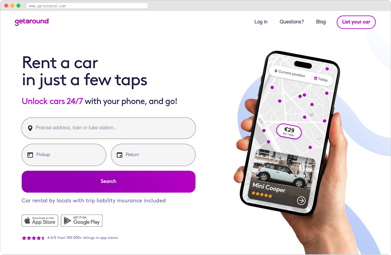 Getaround marketplace homepage screenshot