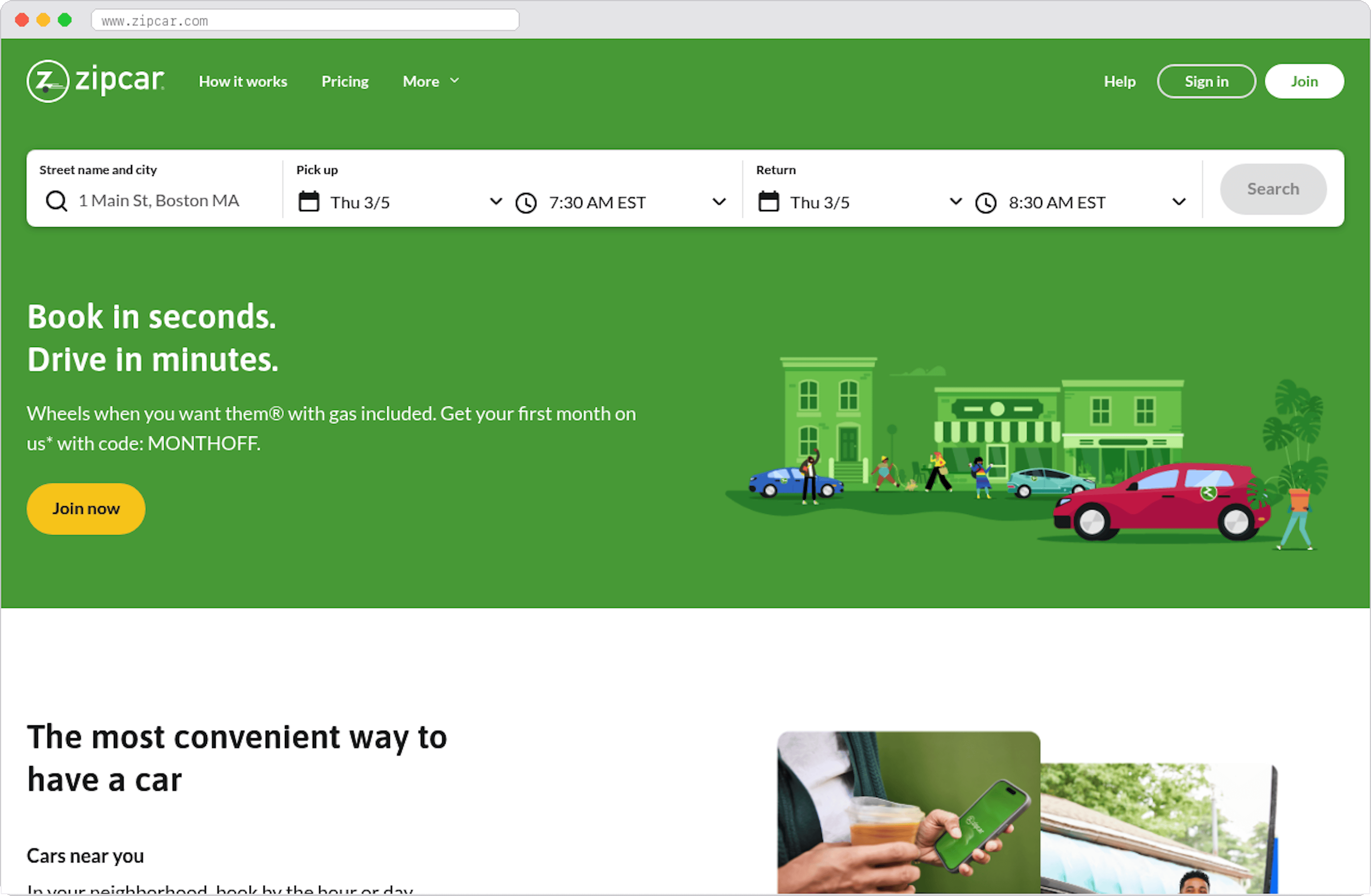 Zipcar marketplace homepage screenshot