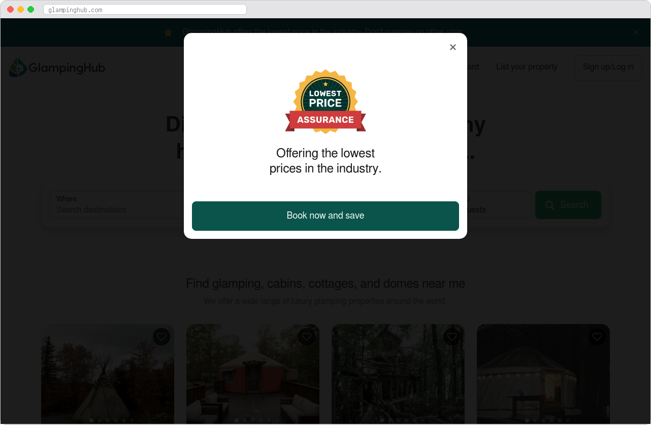Glamping Hub marketplace homepage screenshot