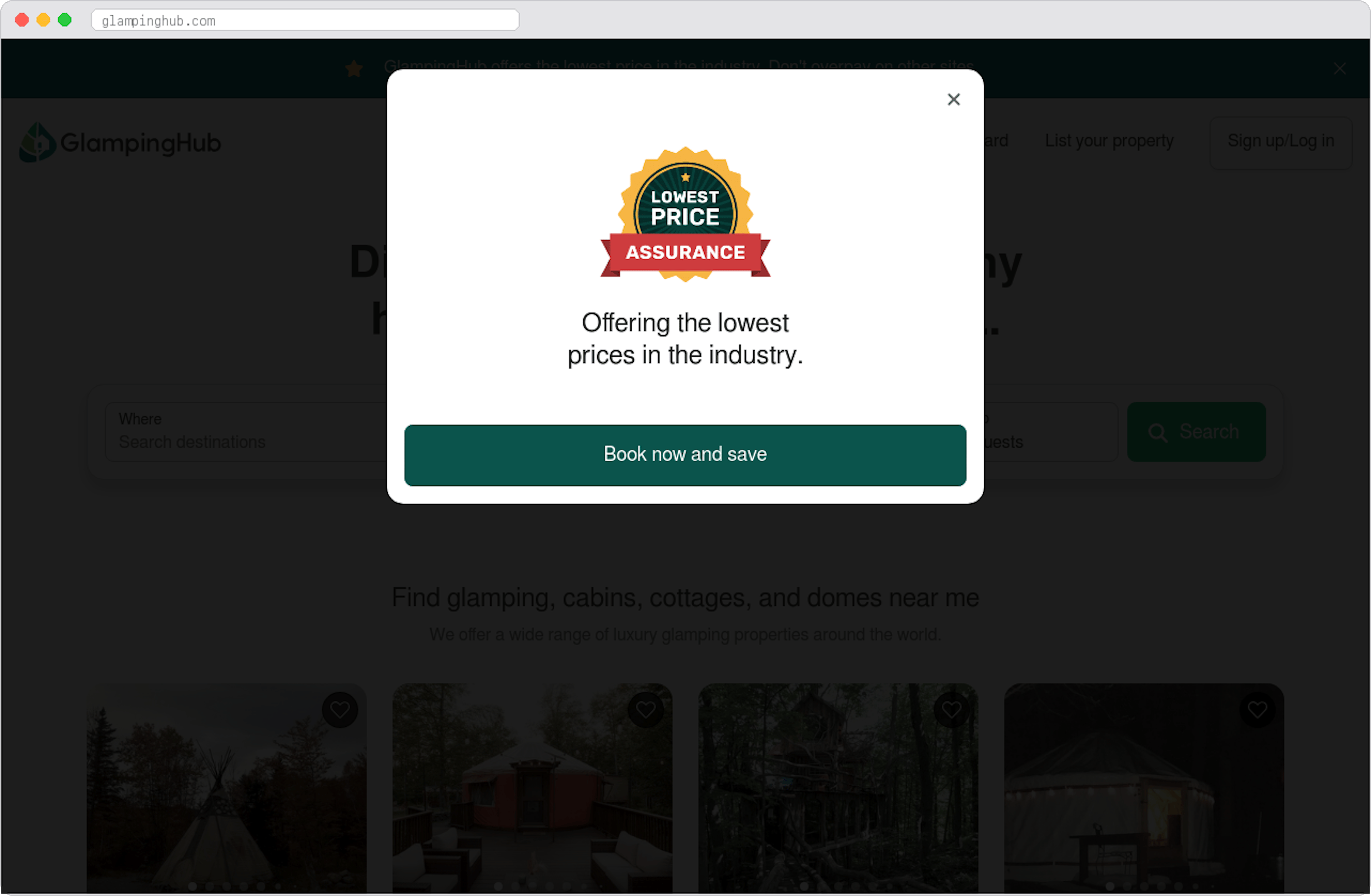 Glamping Hub marketplace homepage screenshot